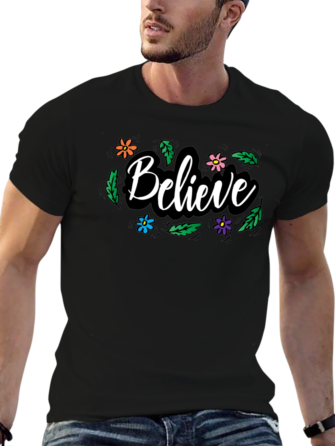 Believe Floral Graphic Black T-Shirt