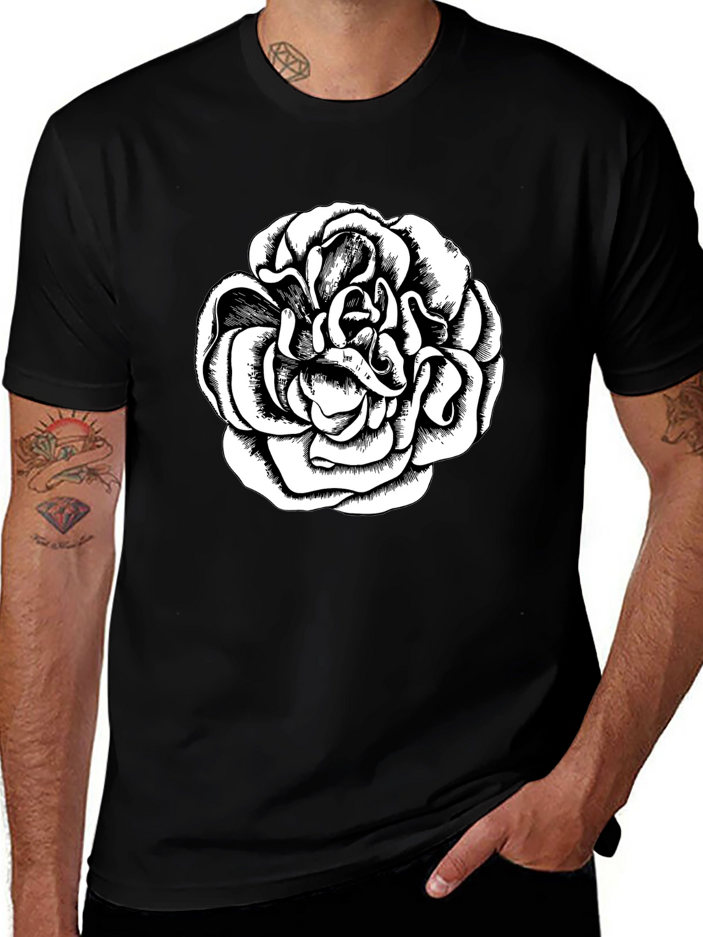 Black T-Shirt with Graphic Rose Design