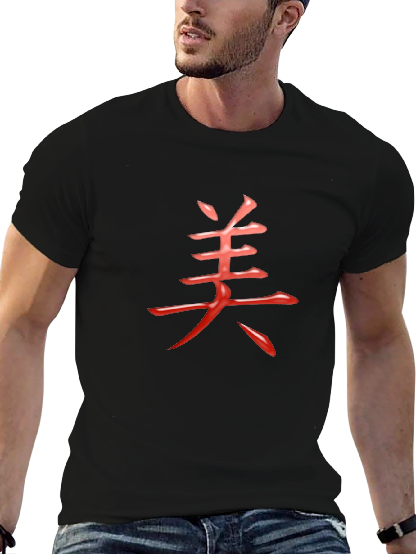 Mens Black T-Shirt with Red Chinese Character