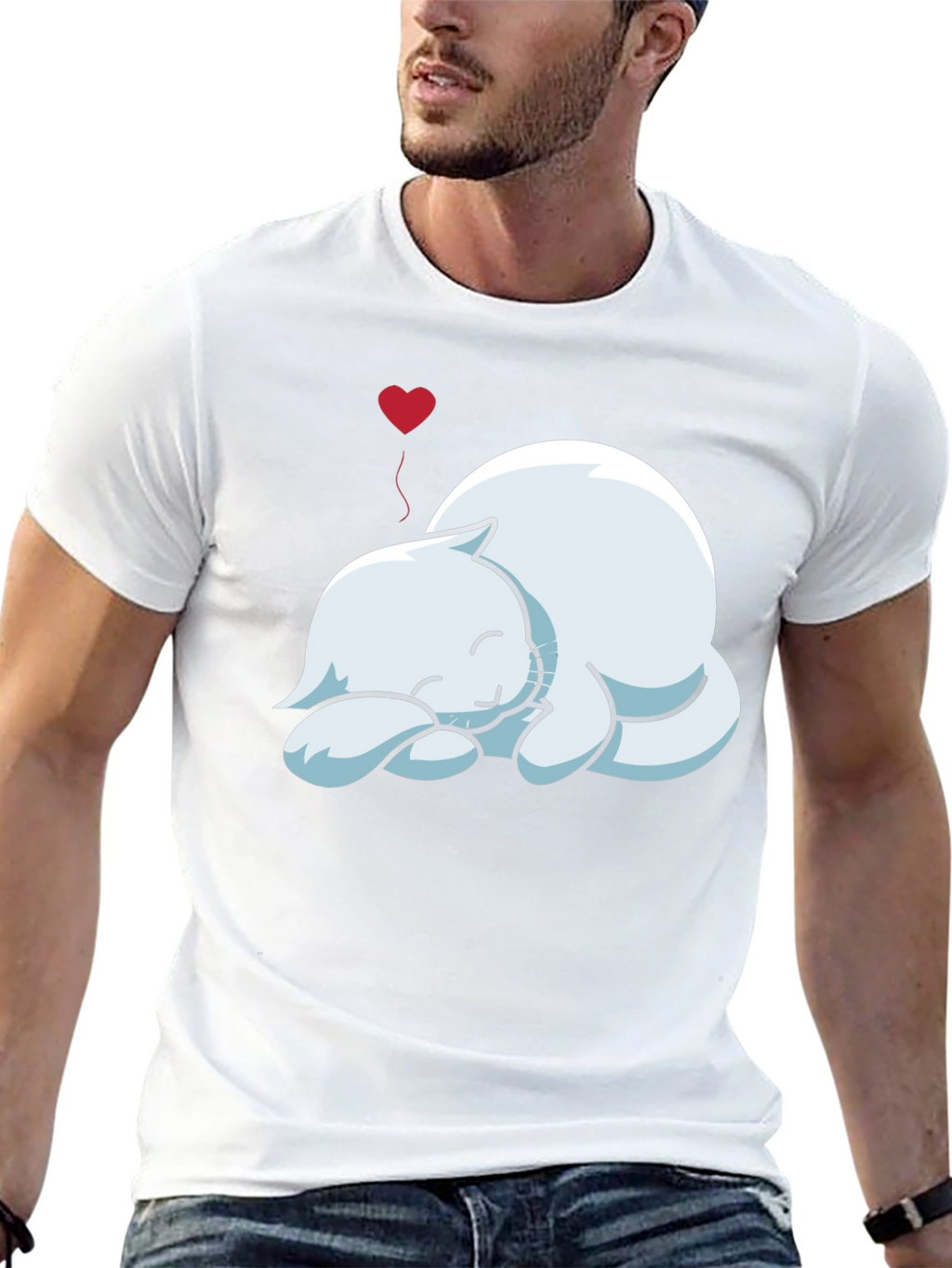 Mens Black T-Shirt with Sleeping Cat Graphic