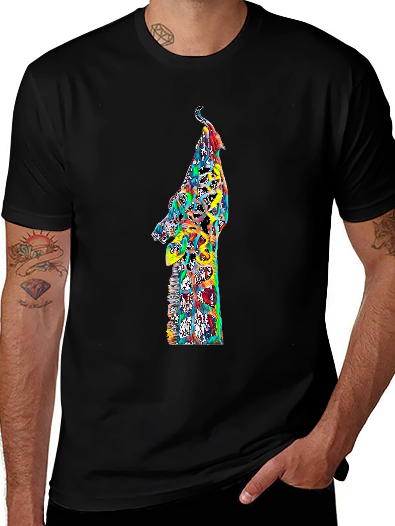 Colorful Giraffe Graphic Print Black T-Shirt