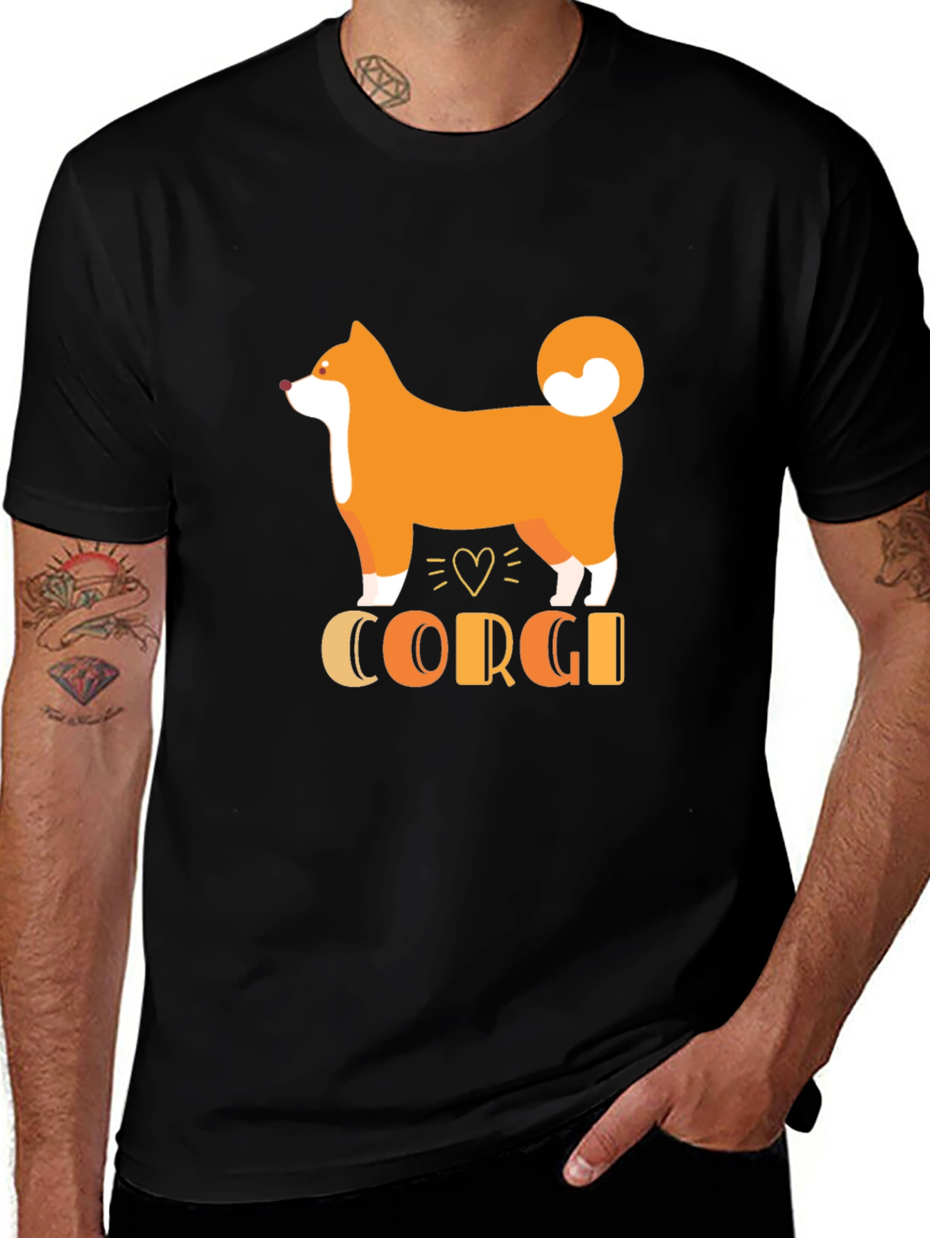 Cute Corgi Dog Graphic Print T-Shirt - Black