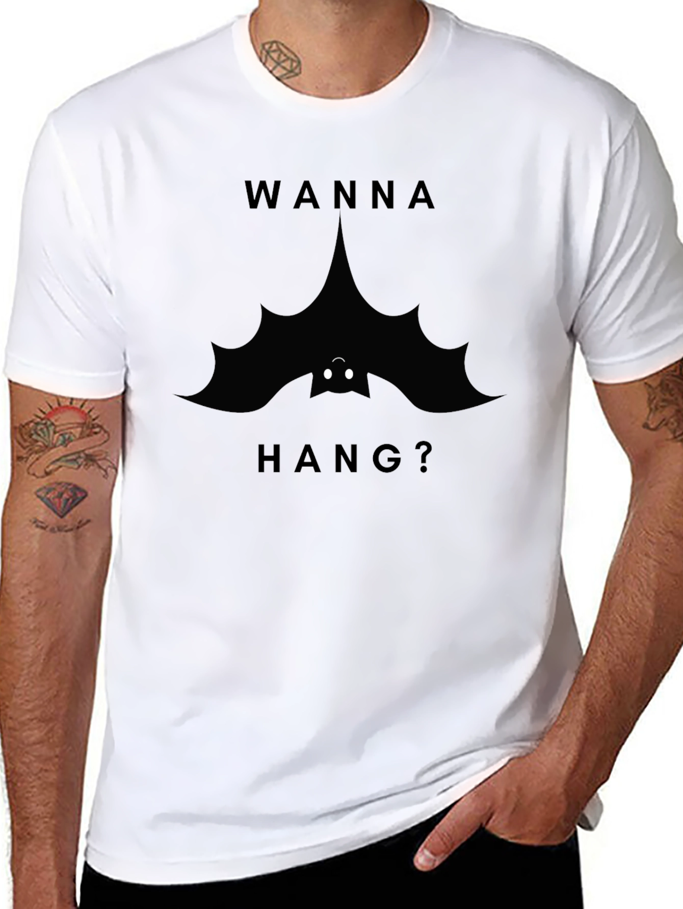 Wanna Hang? Bat Graphic Tee - Soft Cotton Crewneck T-Shirt