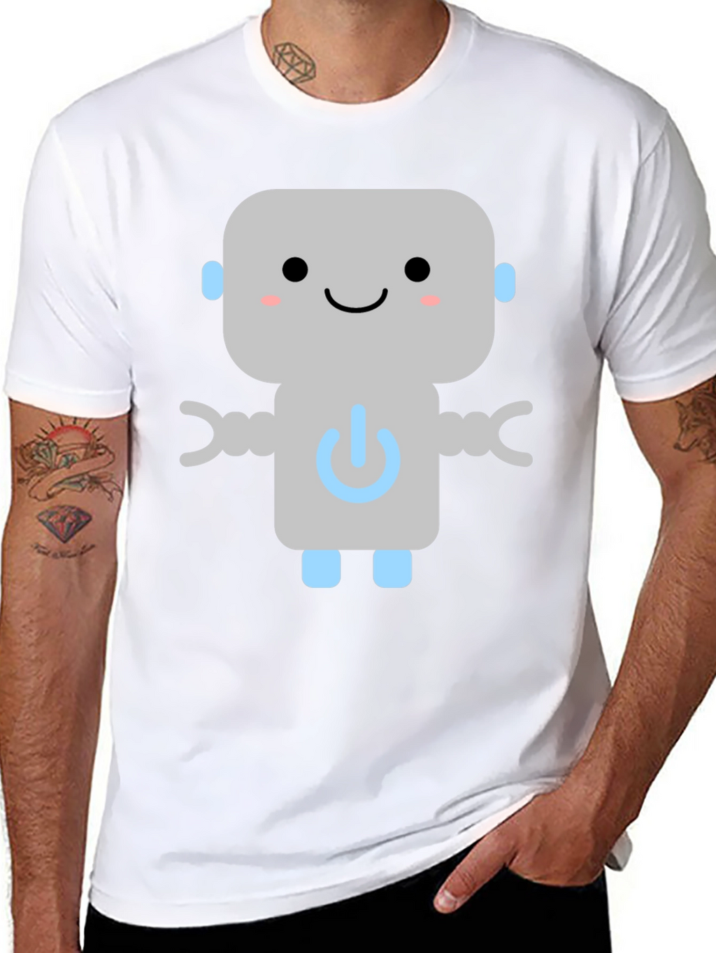 Cute Robot Graphic Tee - Black Cotton T-Shirt