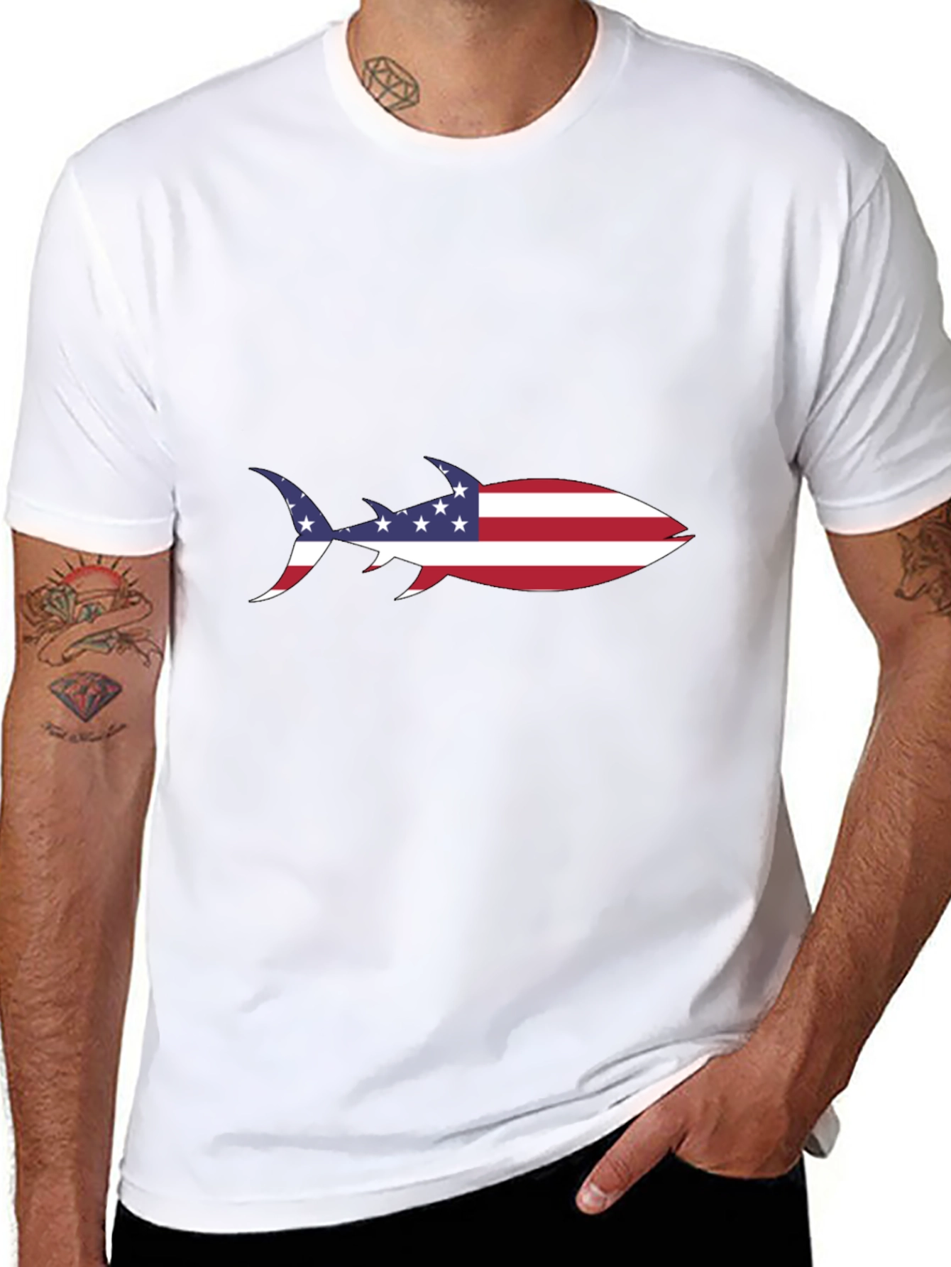 American Flag Shark Black T-Shirt