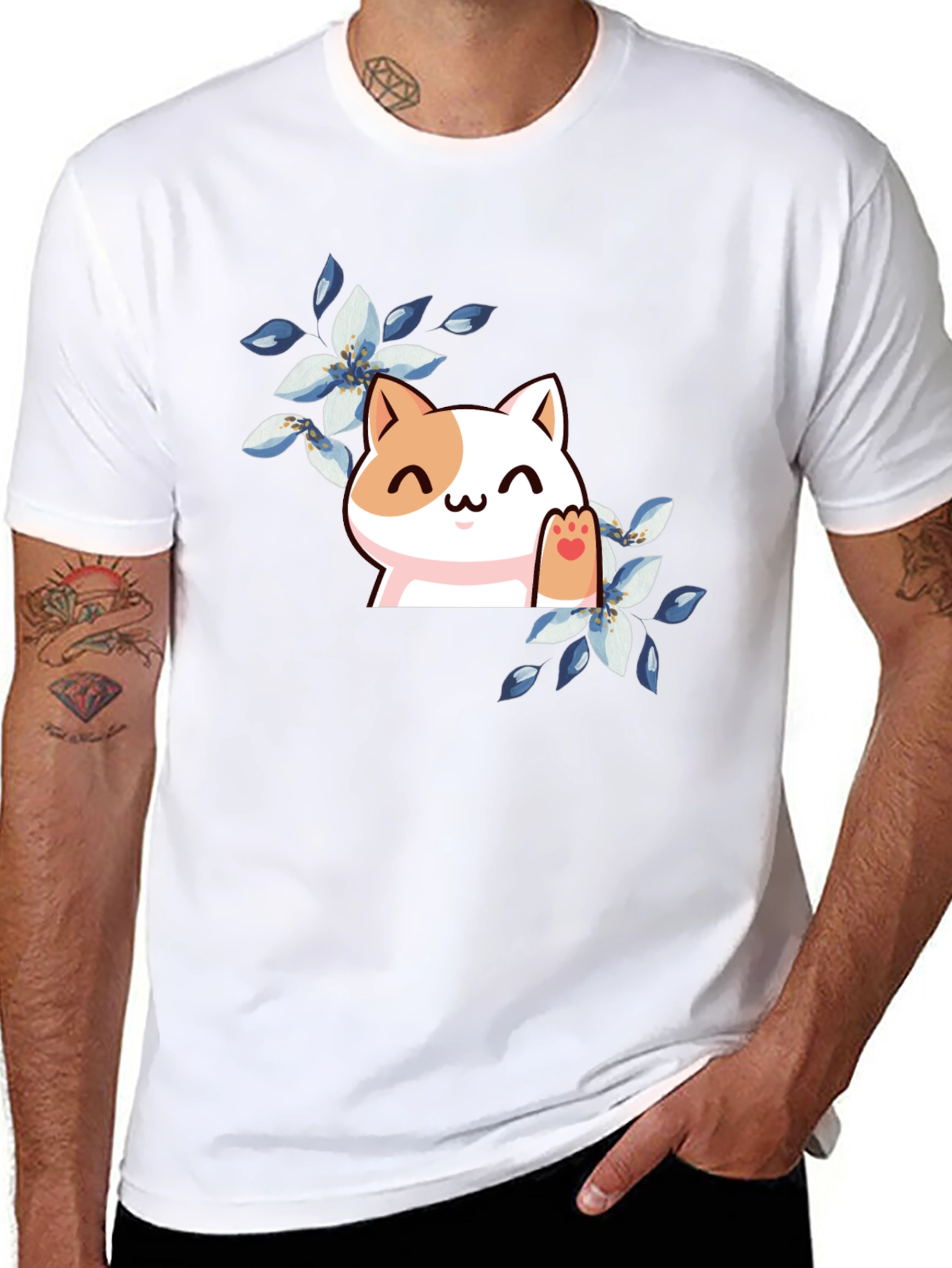 Cute Cat Floral T-Shirt - Black