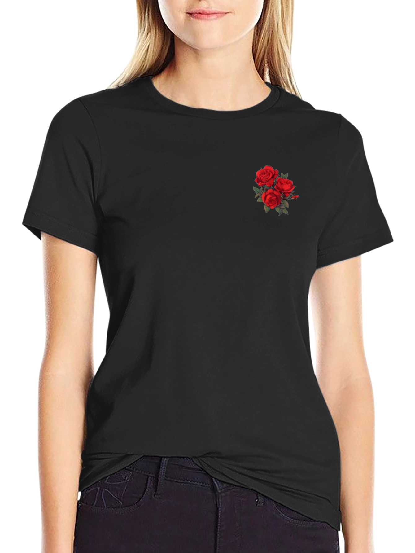 Black T-Shirt with Rose Embroidery