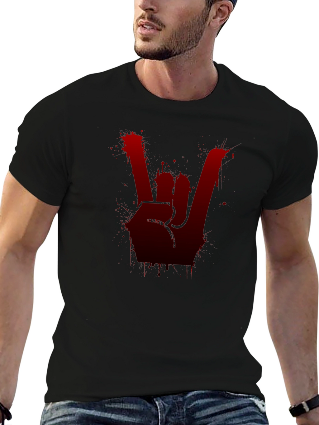 Rock On Black Tee - Blood Splatter Hand Sign