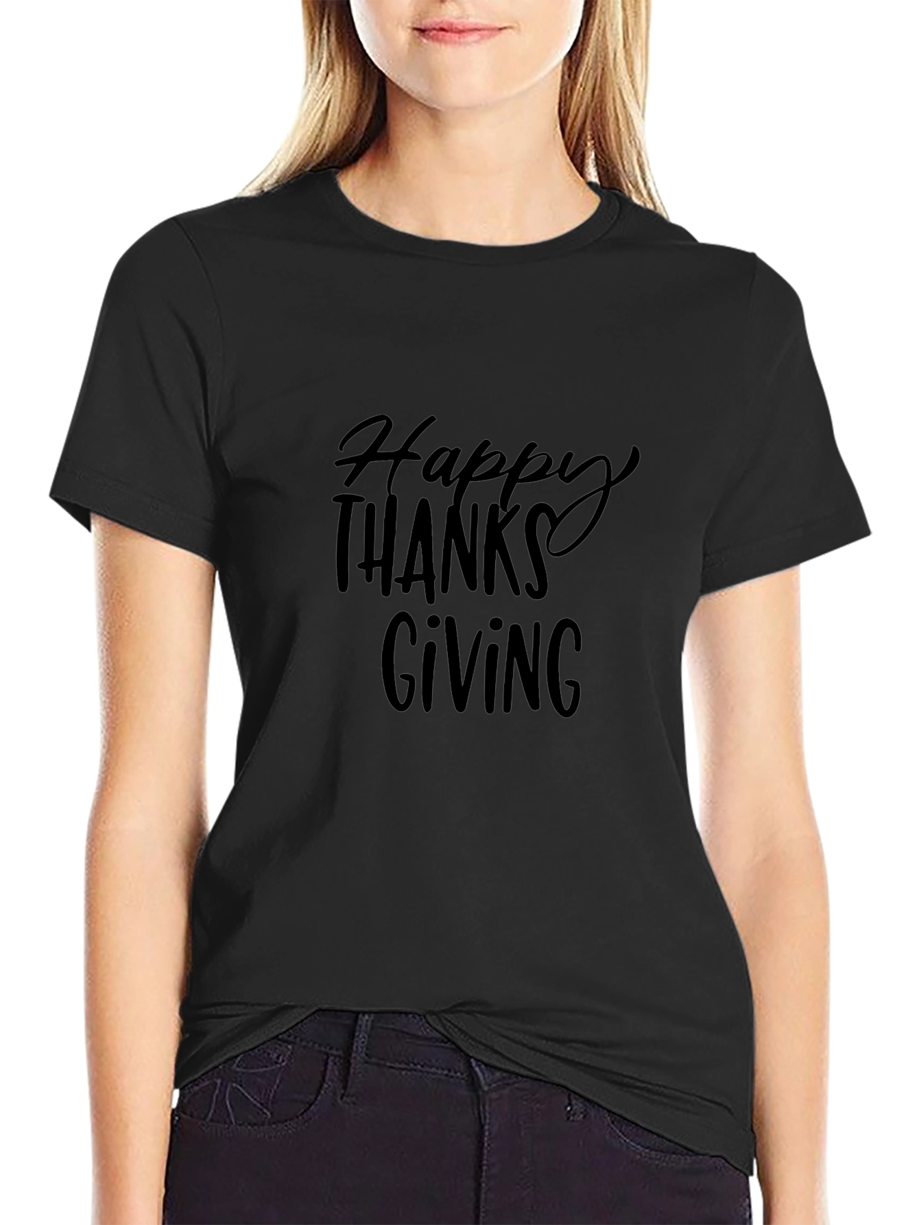 Happy Thanksgiving Graphic Tee - Black Short Sleeve