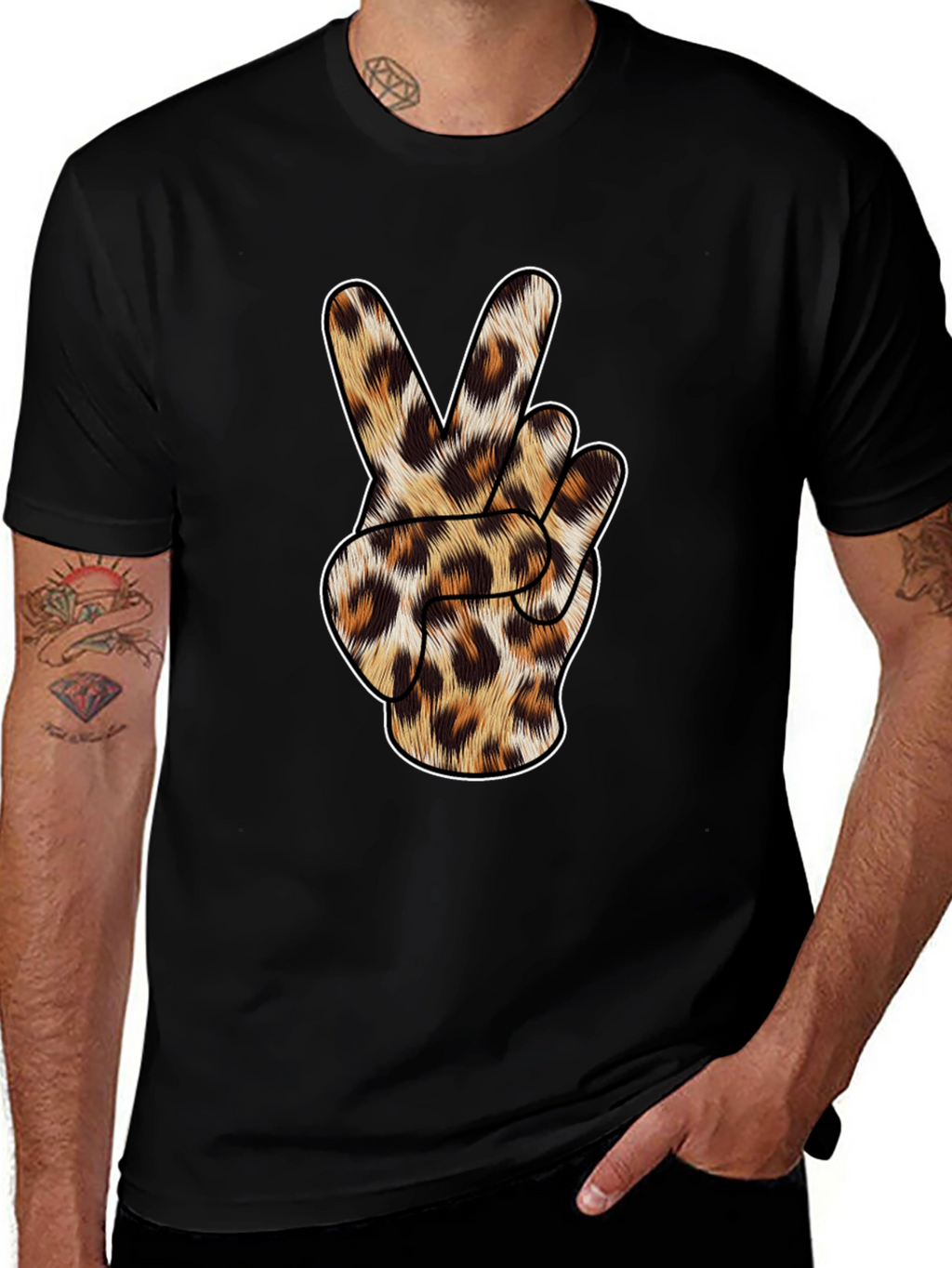 Leopard Print Peace Sign Black T-Shirt