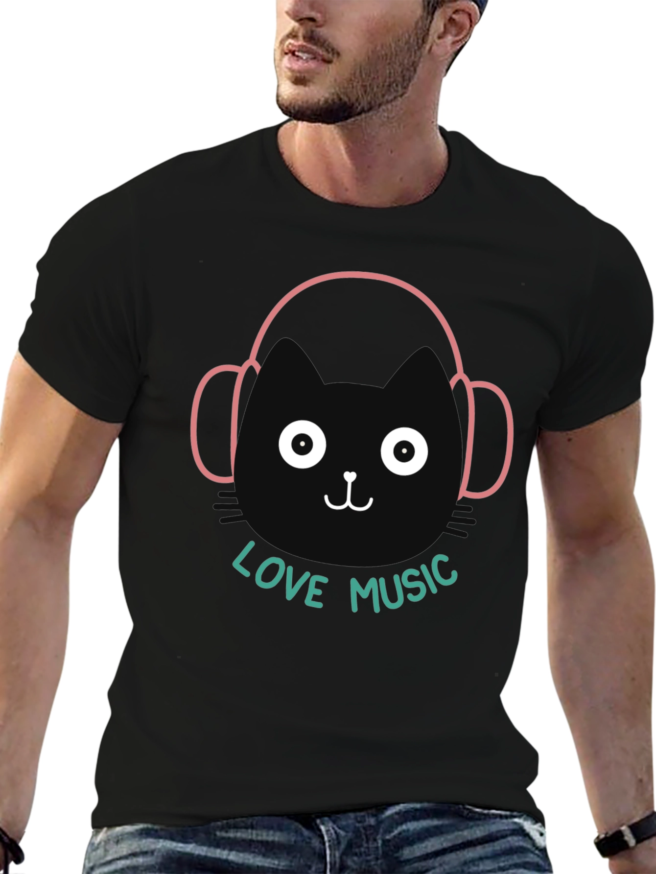 Cute Cat with Headphones T-Shirt - Love Music Graphic Tee