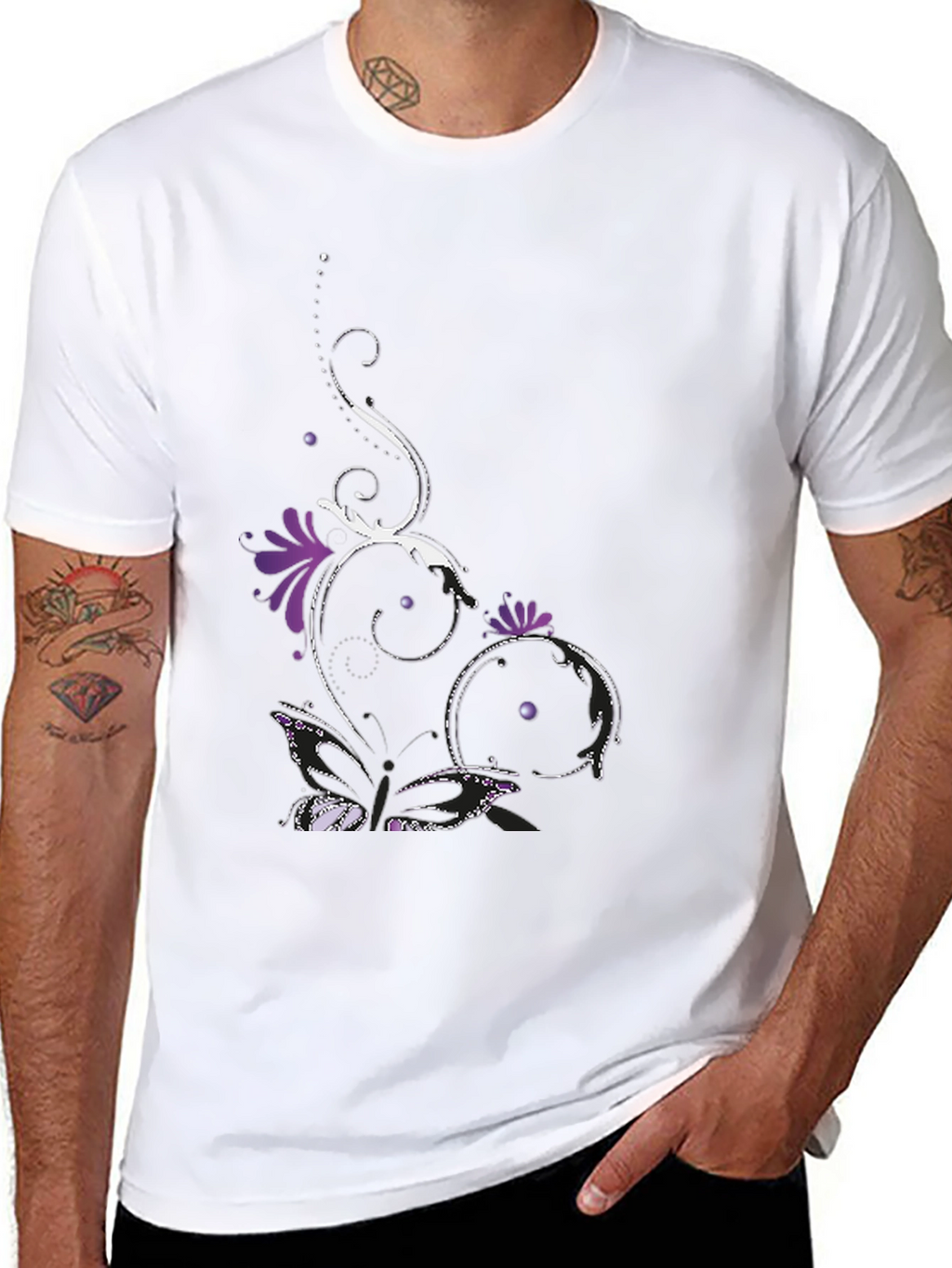Stylish Black Tee with Floral Butterfly Design