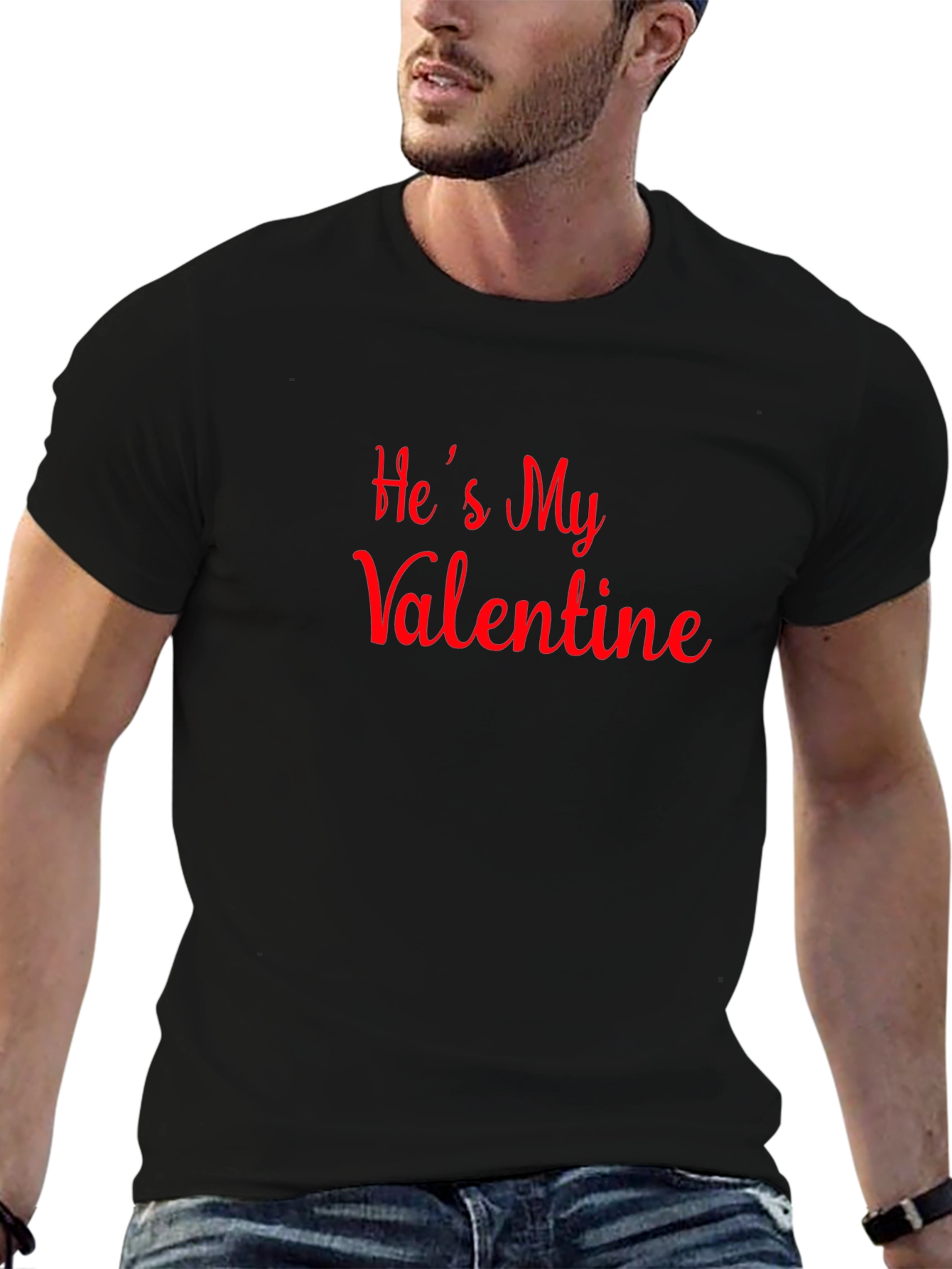 Hes My Valentine T-Shirt - Black - Red Text
