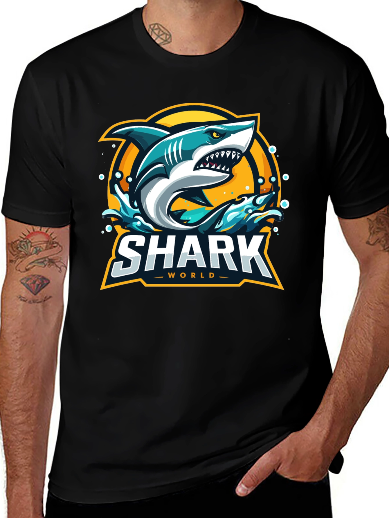 Shark World Graphic Tee - Mens Black Cotton T-Shirt