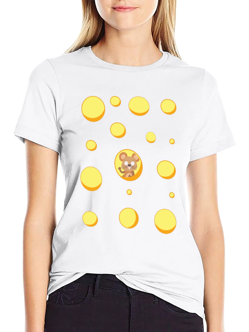 Cartoon Mouse & Swiss Cheese Holes Black T-Shirt