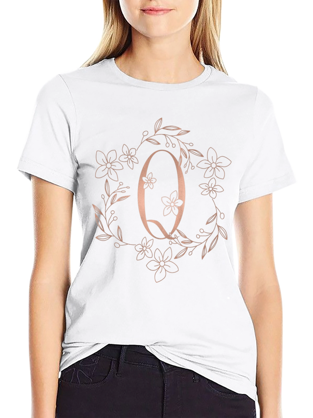 Floral Letter Q Black T-Shirt