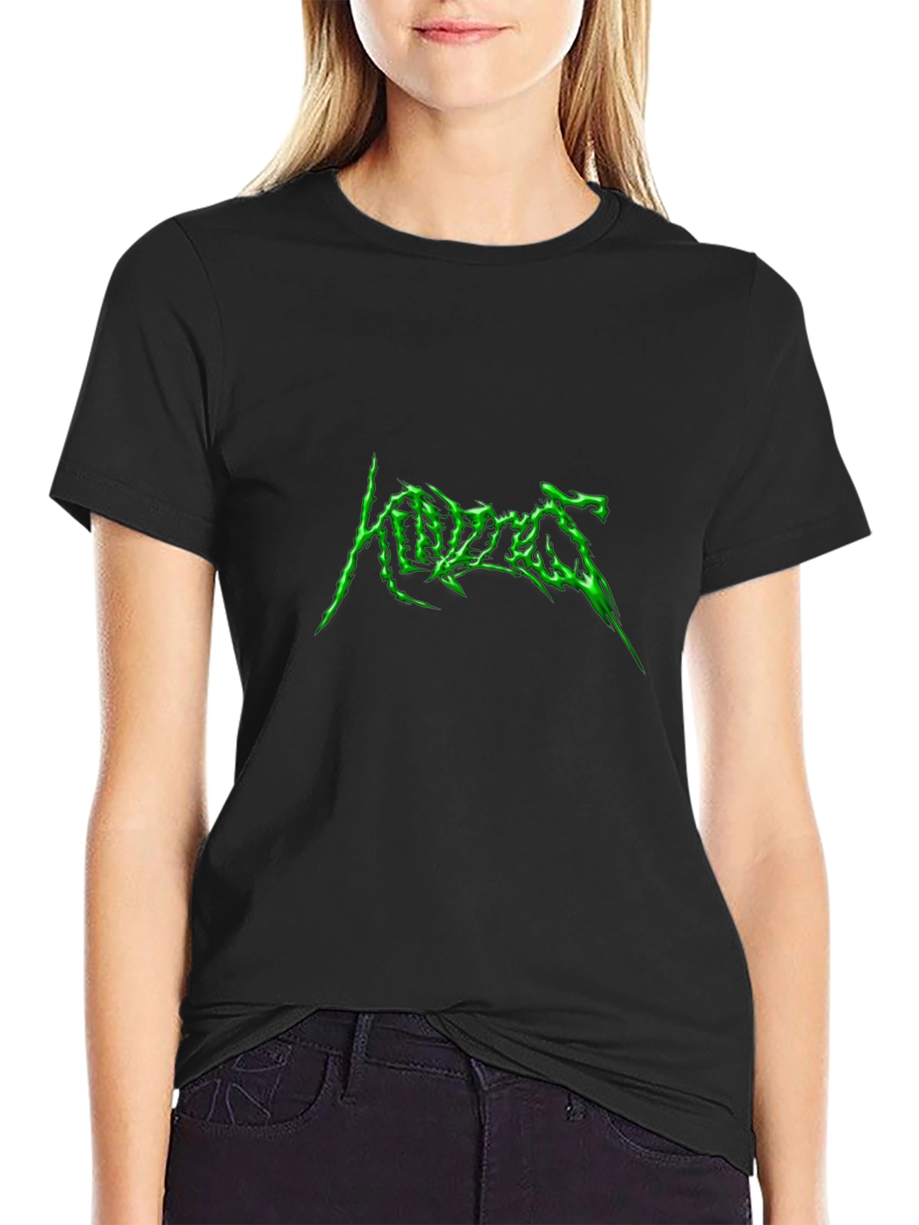Edgy Graphic Tee: Neon Green Word Design Black Cotton Shirt