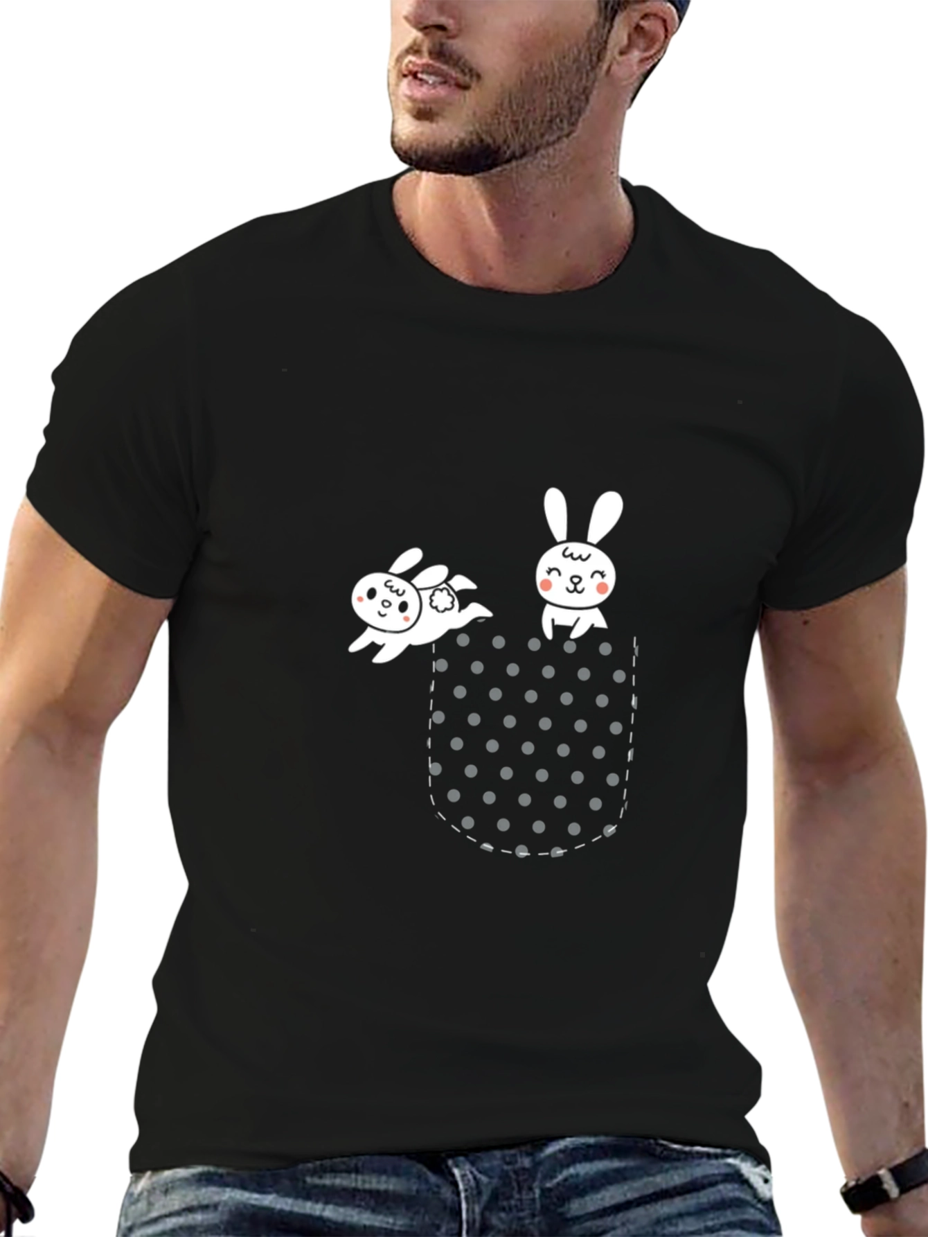 Cute Bunny Pocket Black T-Shirt