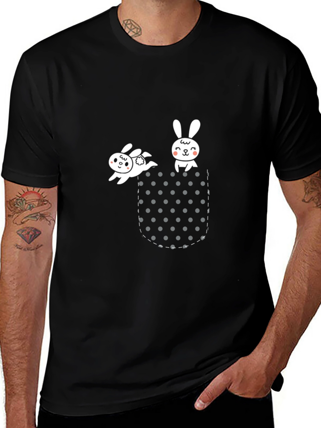Cute Bunny Pocket Black T-Shirt
