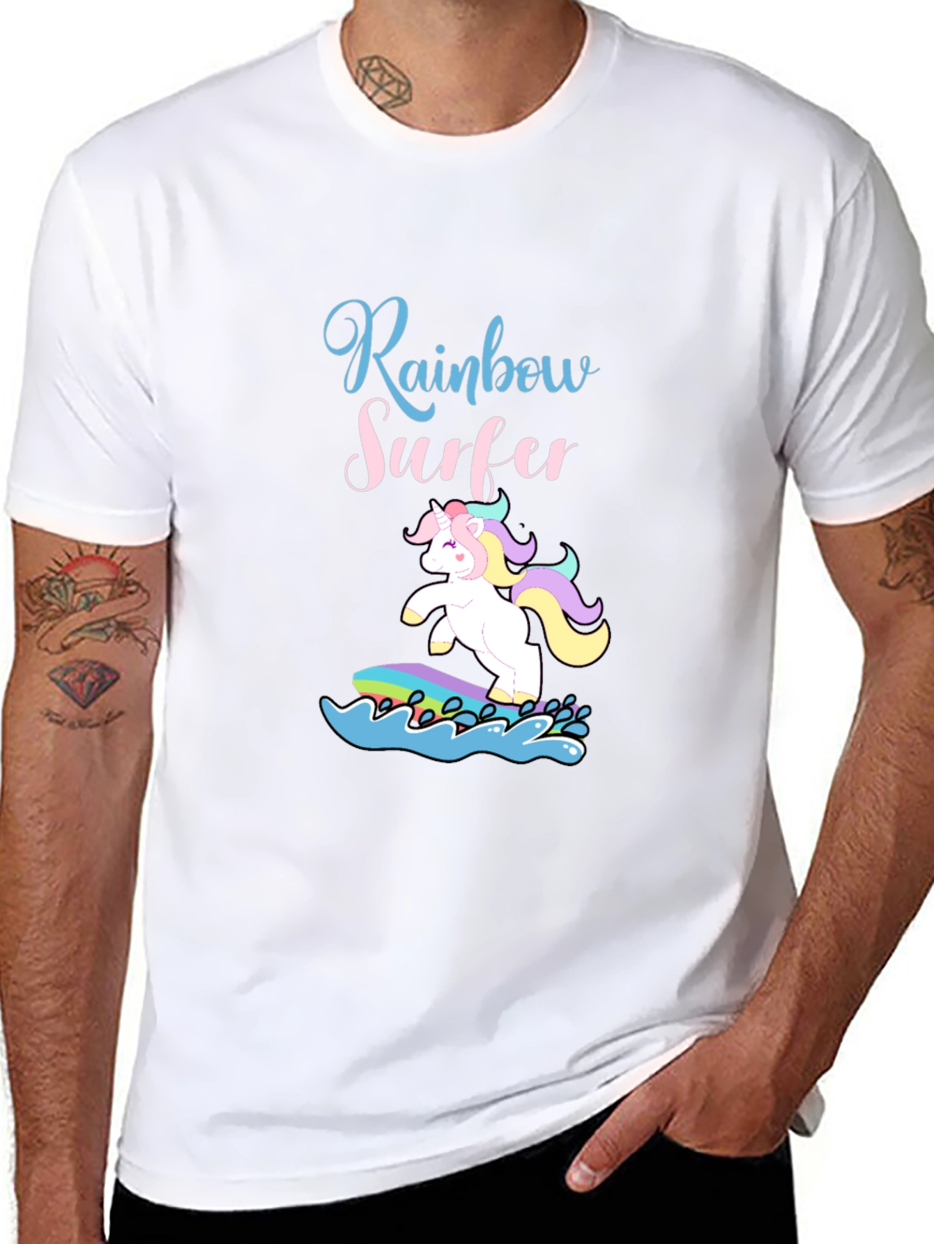Rainbow Surfer Unicorn Graphic Tee - Black Cotton T-Shirt