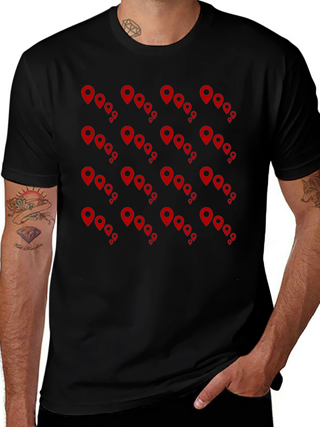 Mens Black Tee with Red Location Pin Design