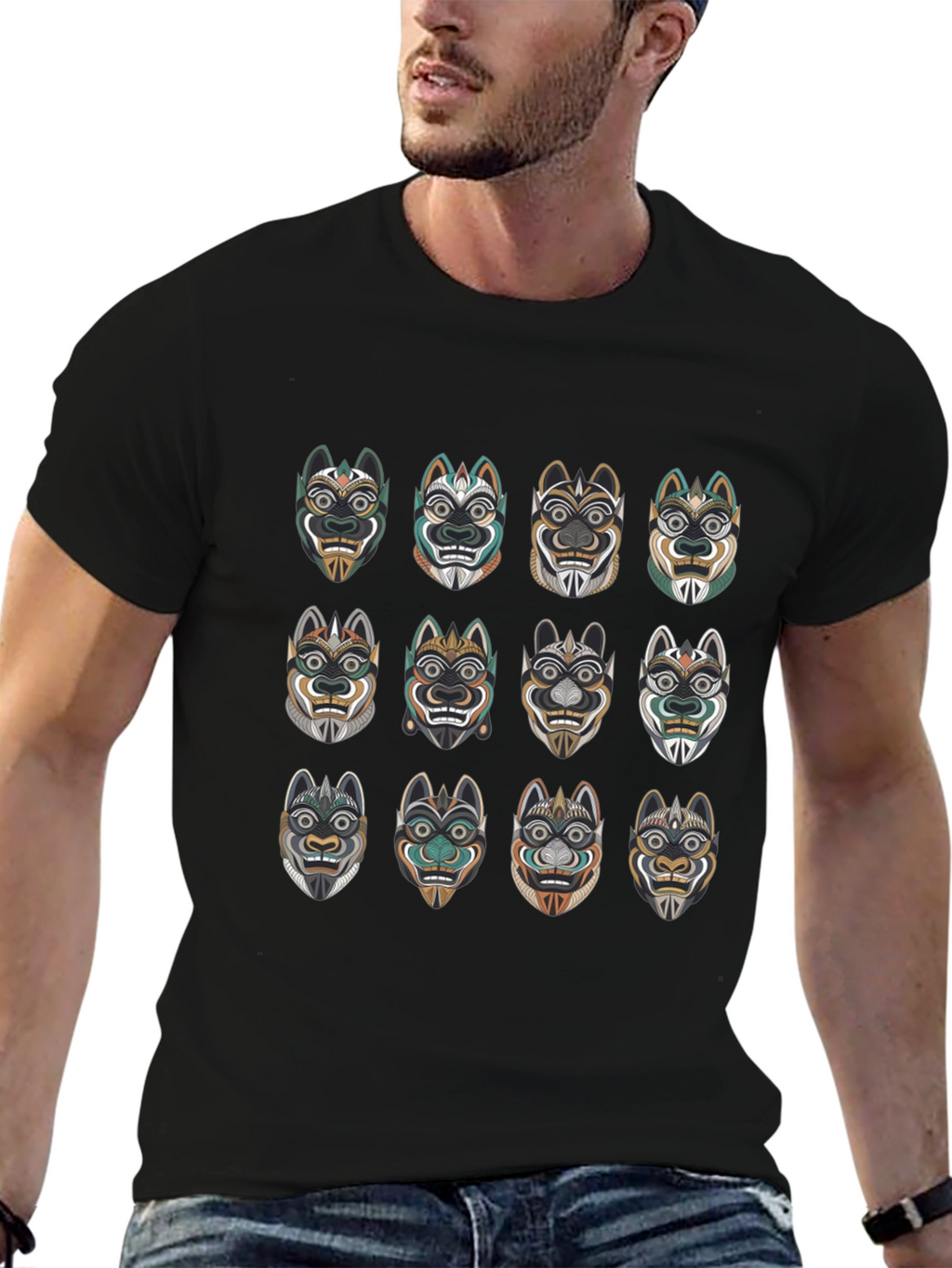 Tribal Mask Graphic Tee - Unique Design