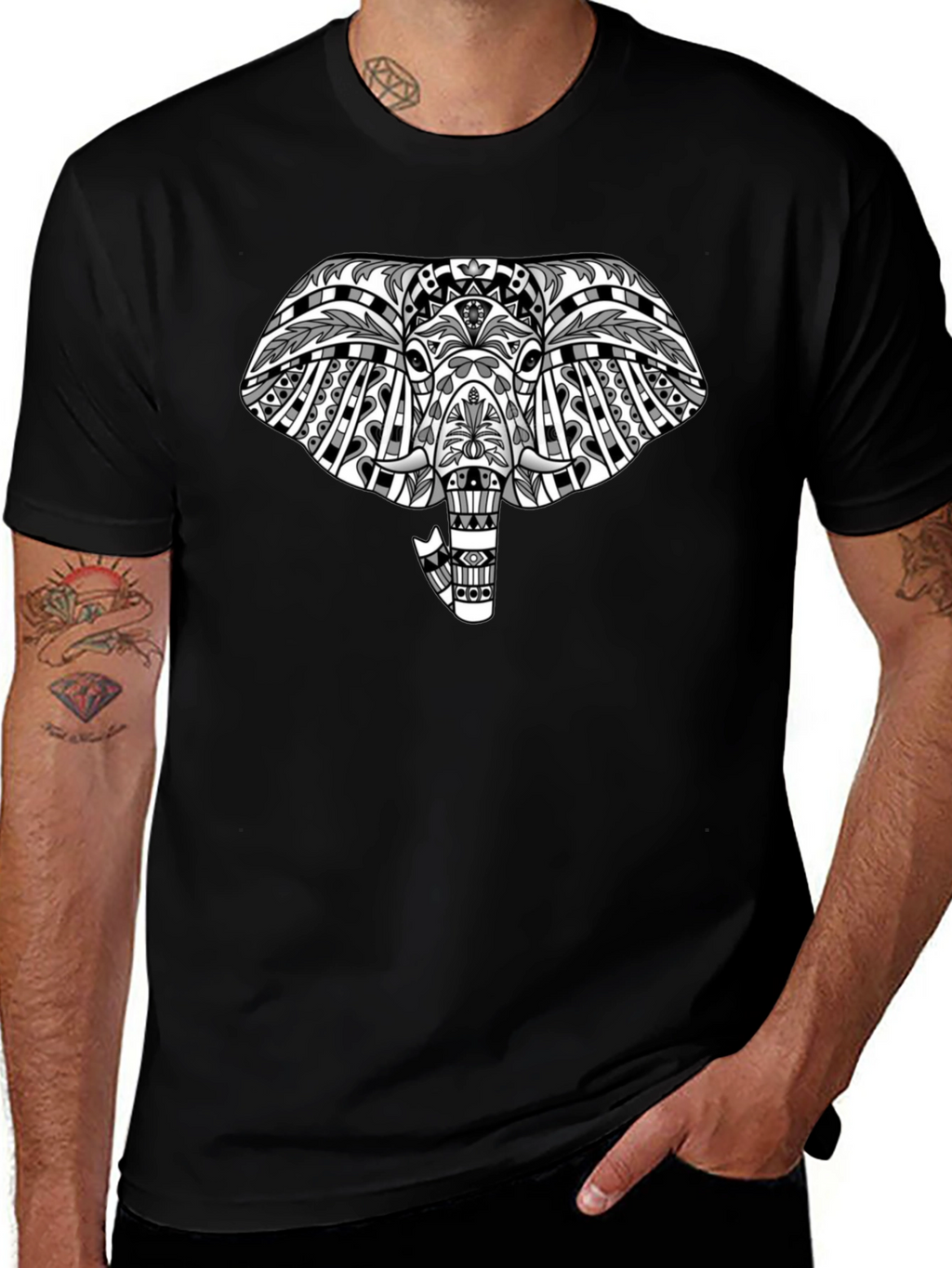 Tribal Elephant Graphic Tee - Black Cotton T-Shirt