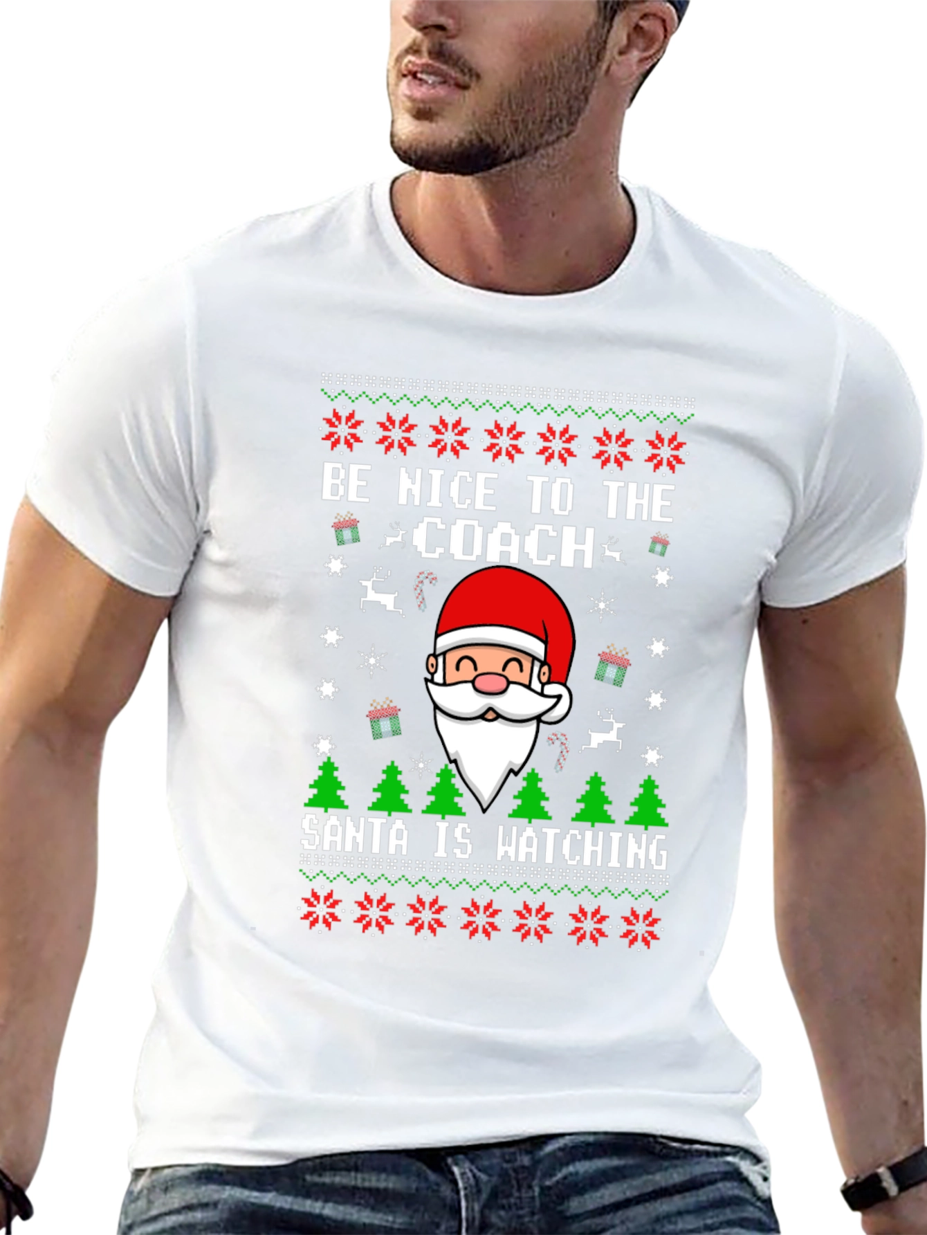 Be Nice to the Coach Santa Ugly Christmas T-Shirt