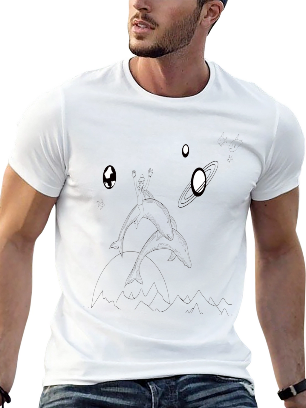 Dolphin in Space Graphic T-Shirt - Black Cotton Tee