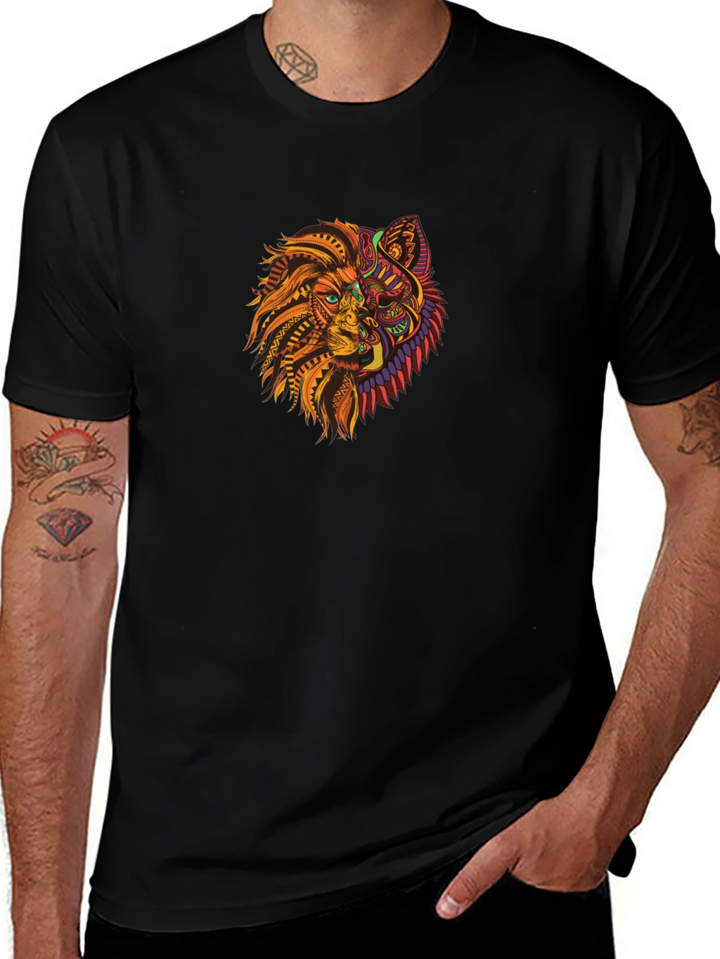 Tribal Lion Wolf Graphic Black T-Shirt