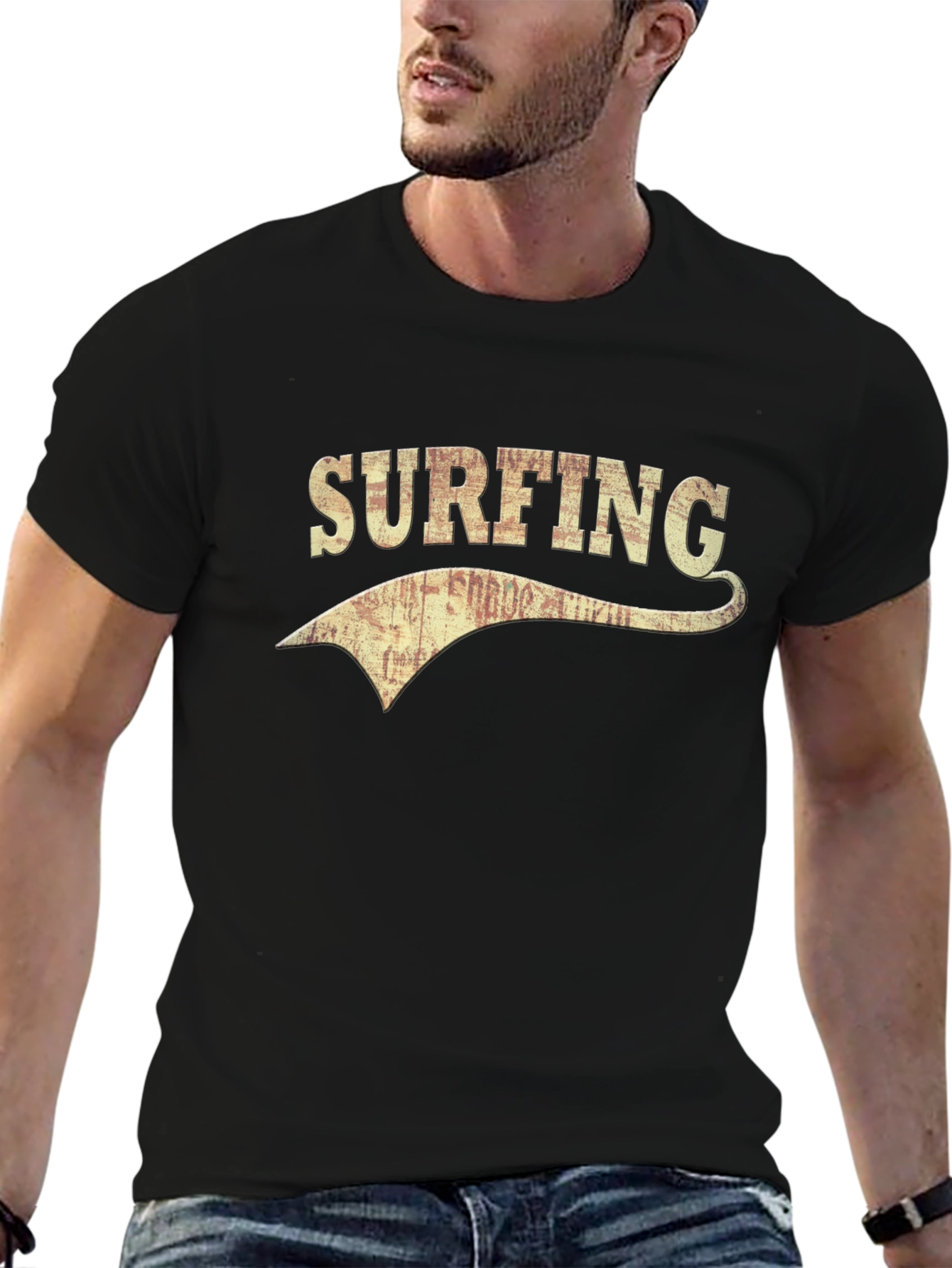 Vintage Surfing Graphic Tee - Black Cotton T-Shirt