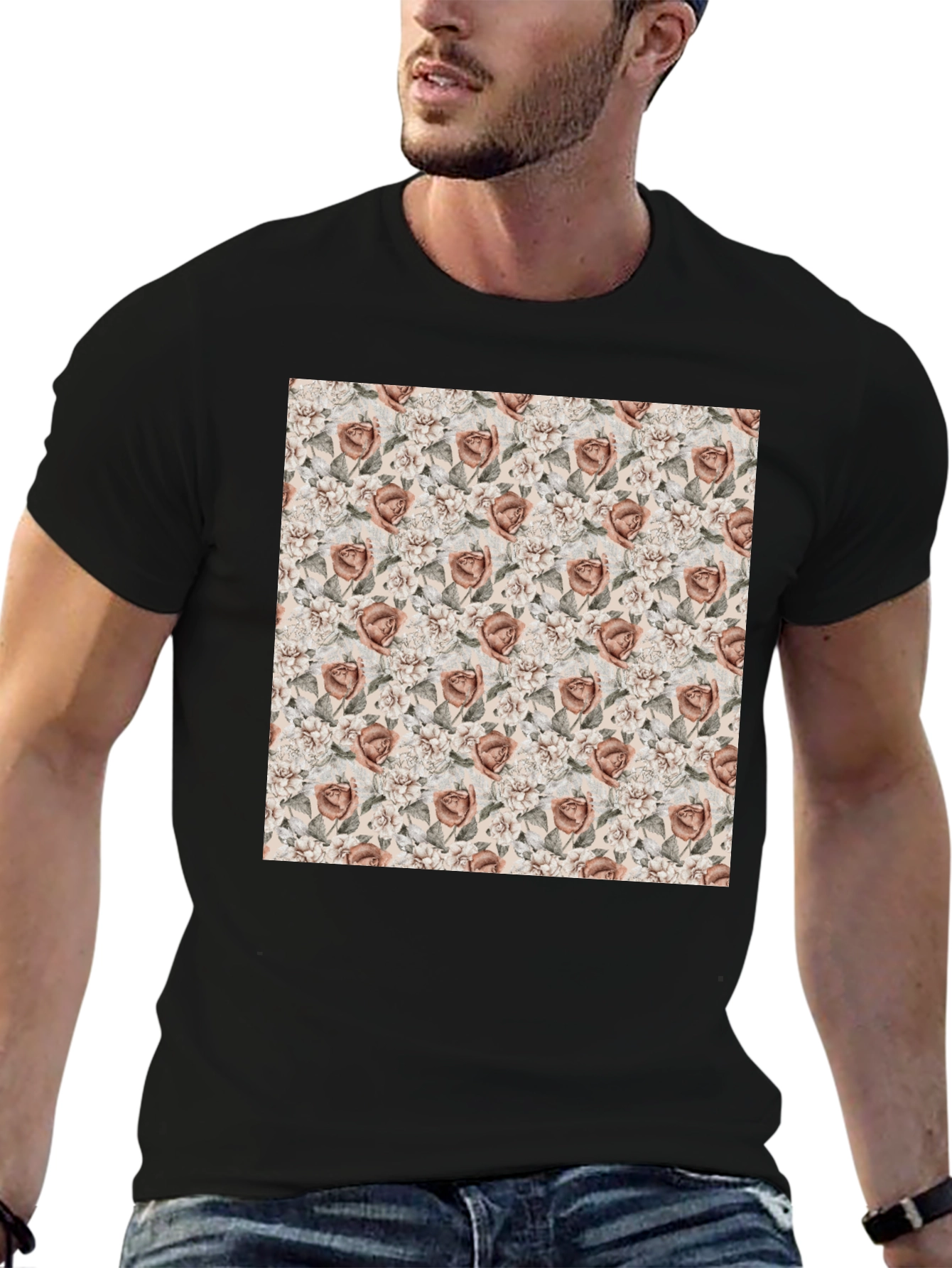 Floral Rose Pattern Graphic Tee - Black
