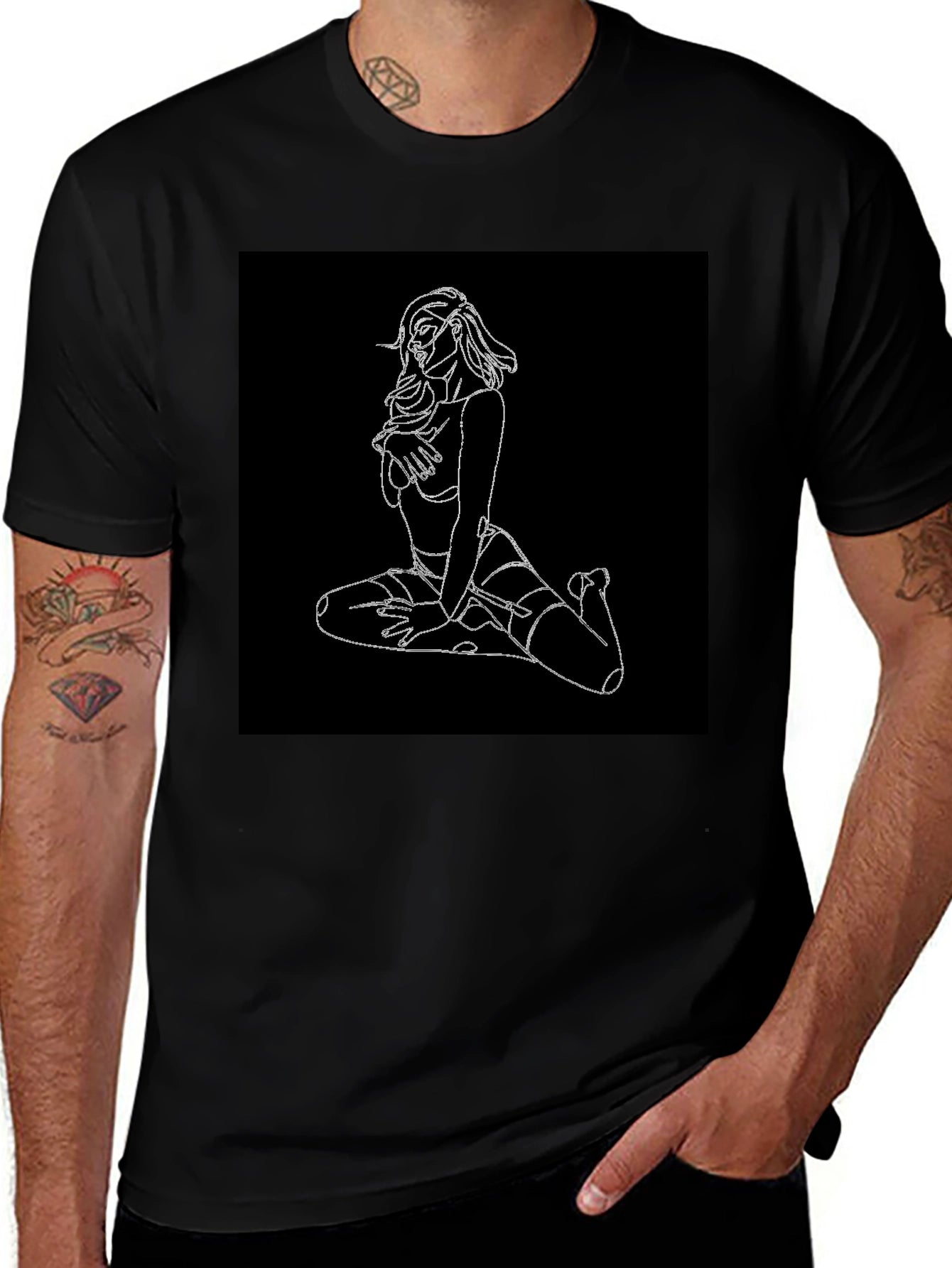 Edgy Line Art Graphic Tee - Black Cotton Blend Shirt