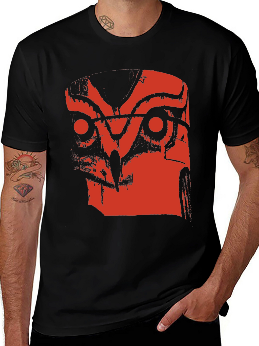 Abstract Red Owl Graphic Print Black T-Shirt