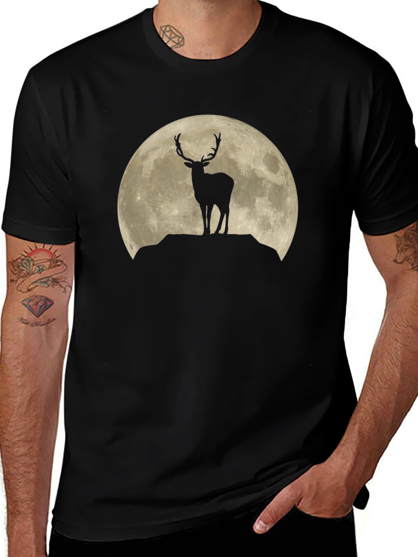 Moonlit Stag Graphic Tee - Black Crewneck