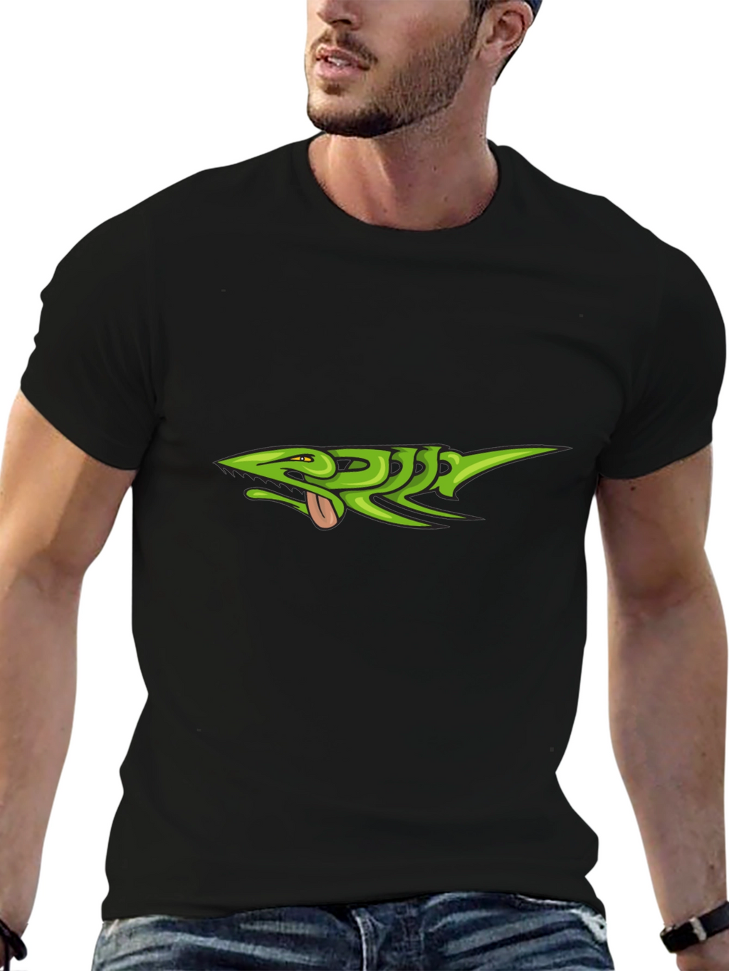Green Lizard Graphic Black T-Shirt
