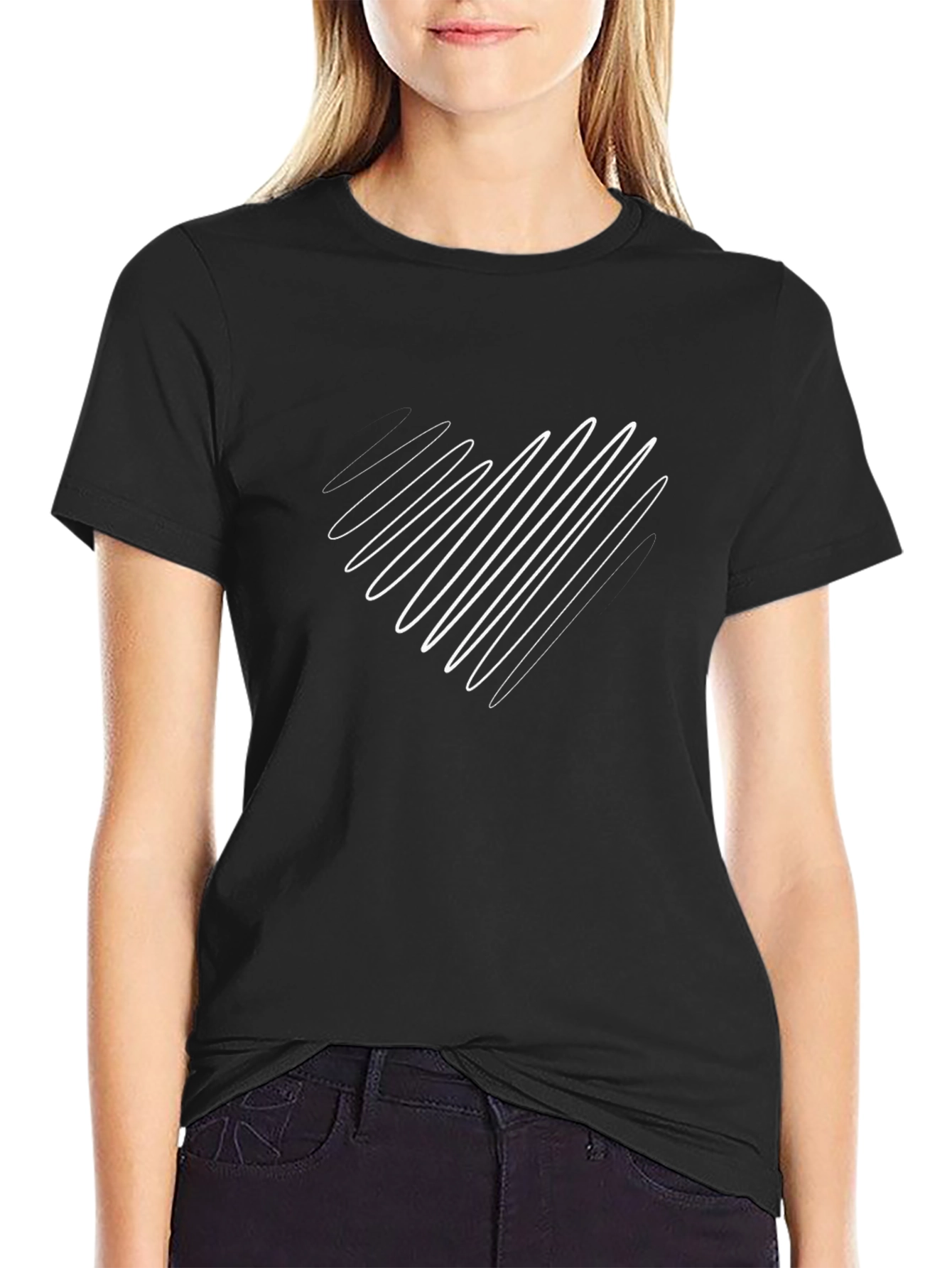 Stylish Black Tee with Abstract White Heart Design