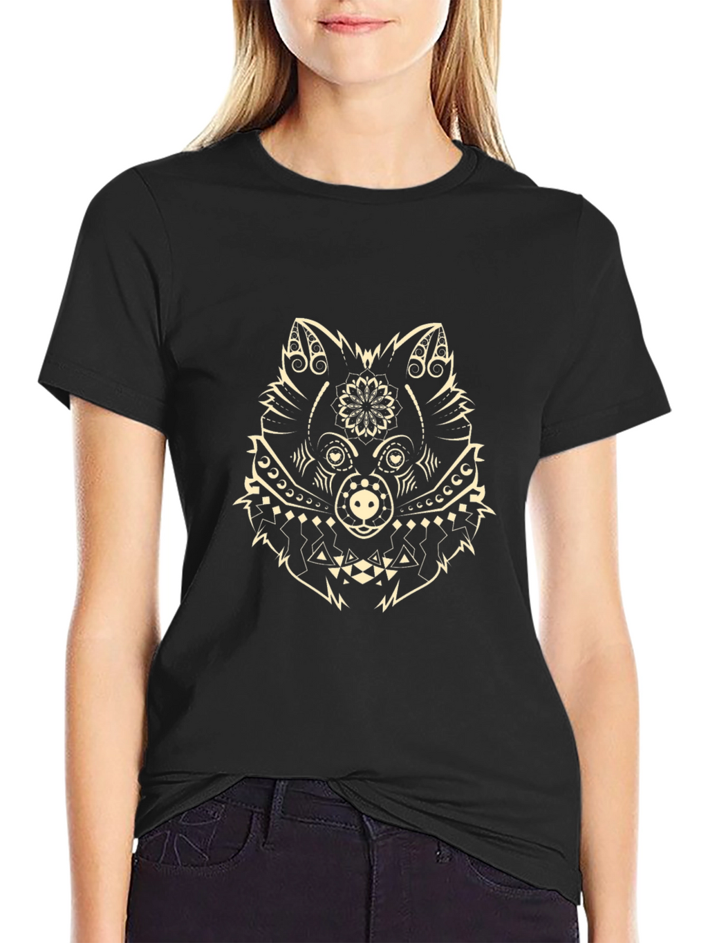 Black Tee with Geometric Wolf Design