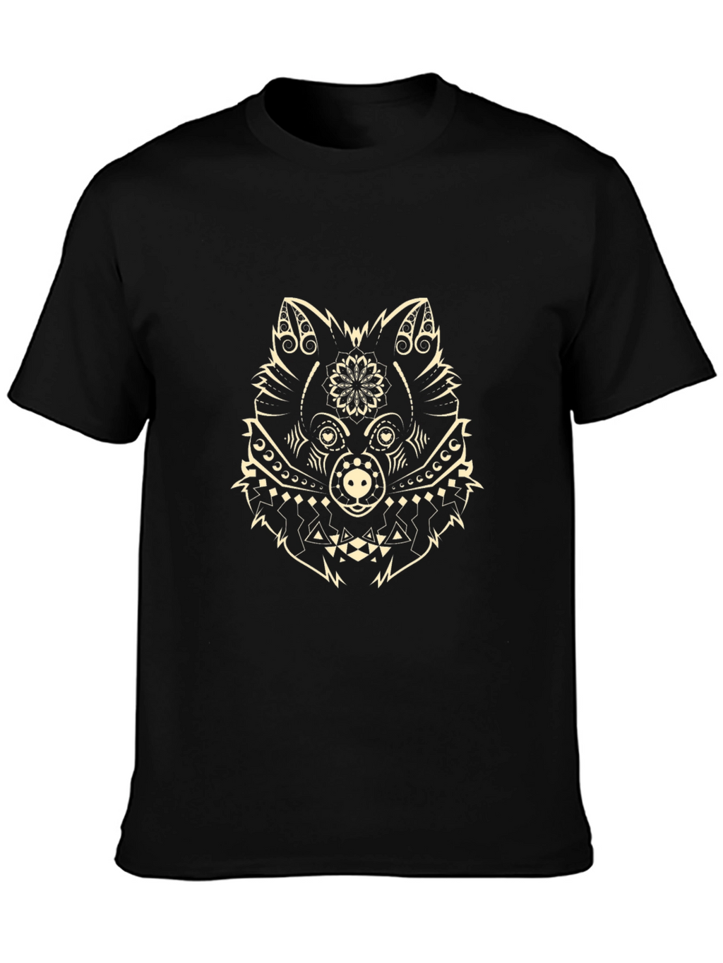 Black Tee with Geometric Wolf Design