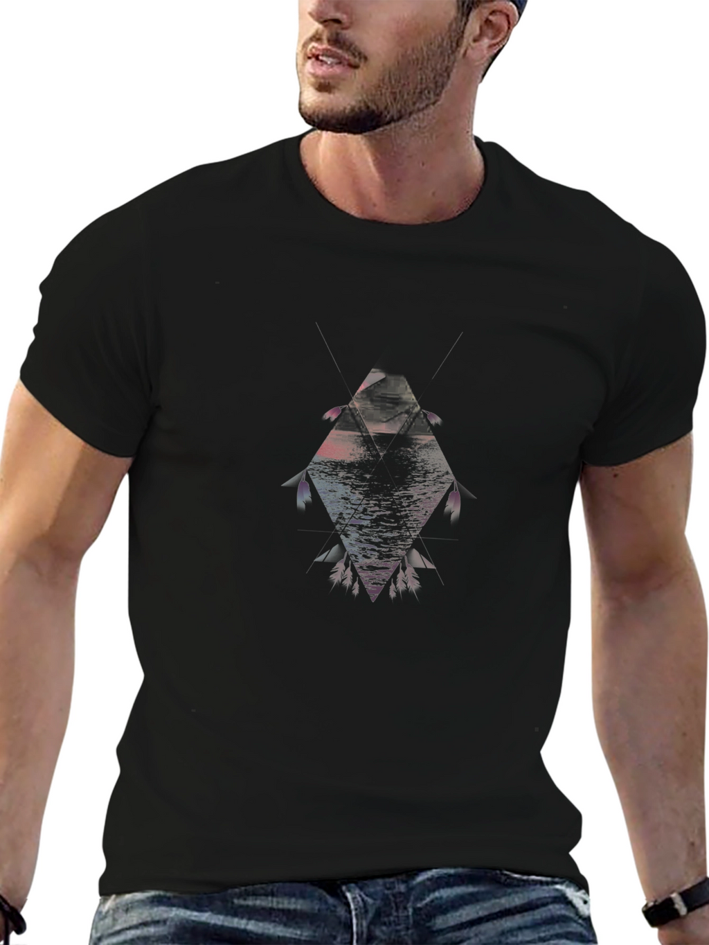 Geometric Fish Graphic Black T-Shirt