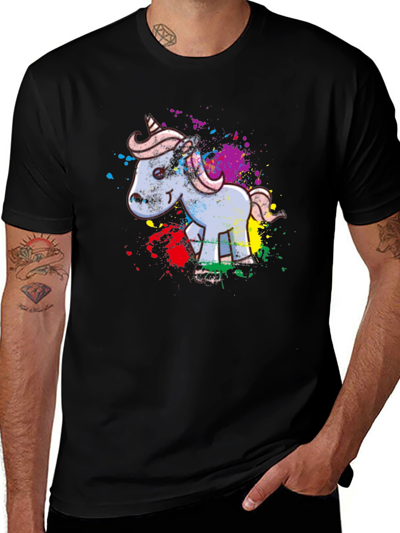 Unicorn Splatter Graphic T-Shirt - Black Cotton Tee
