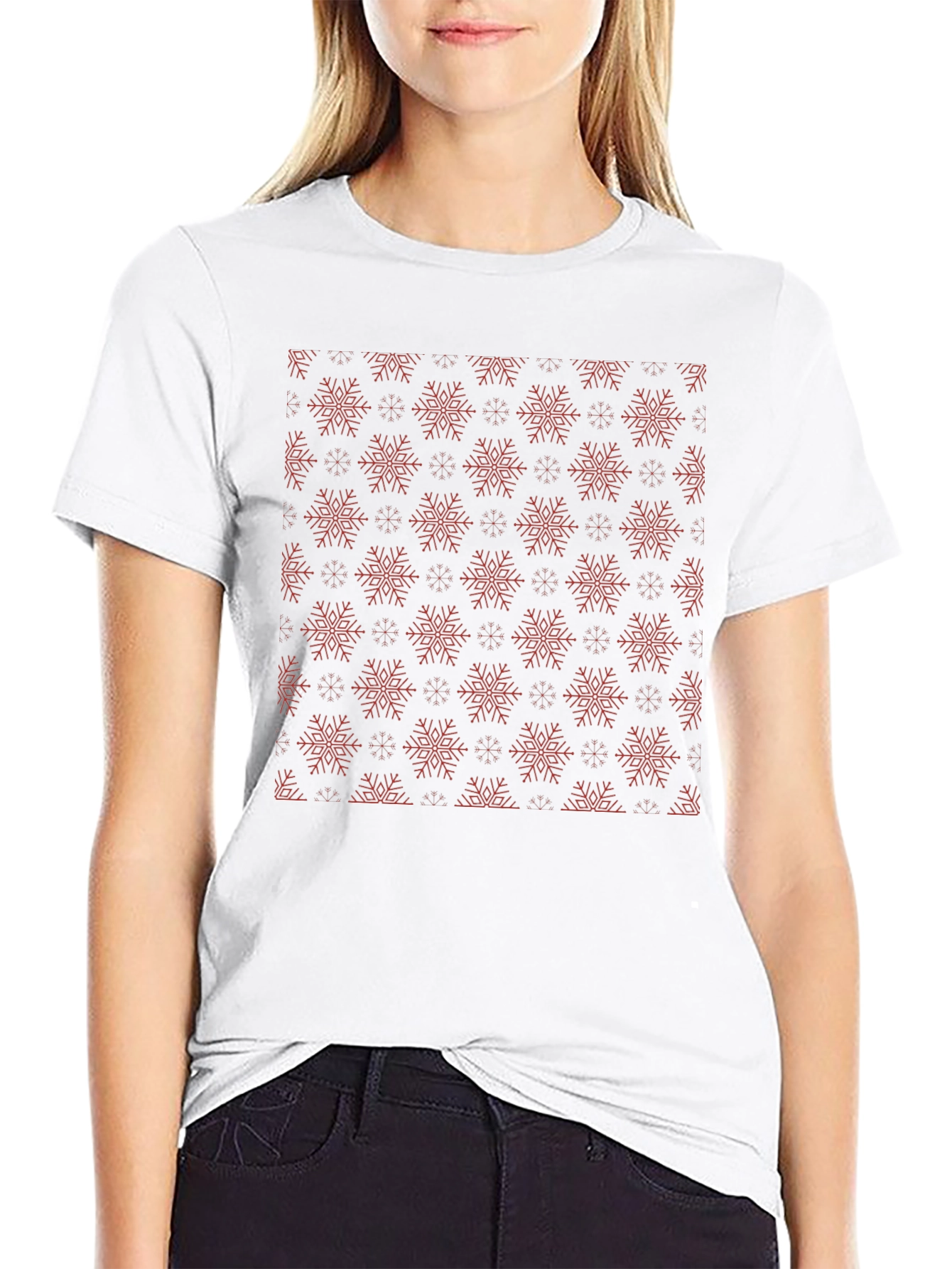 Festive Snowflake Pattern Black T-Shirt