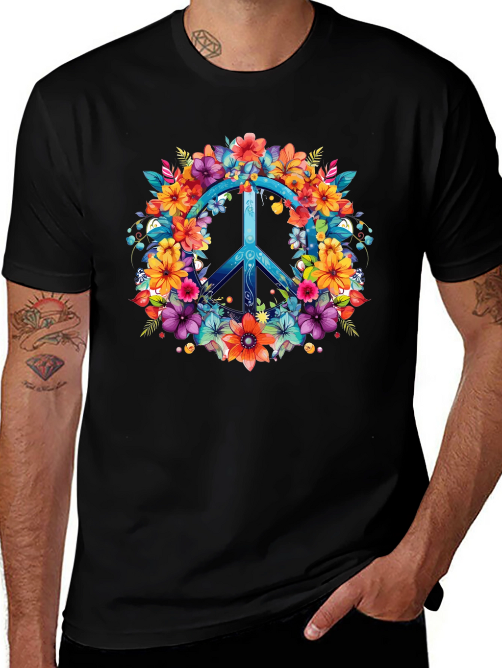 Floral Peace Sign Graphic Tee - Hippie Style