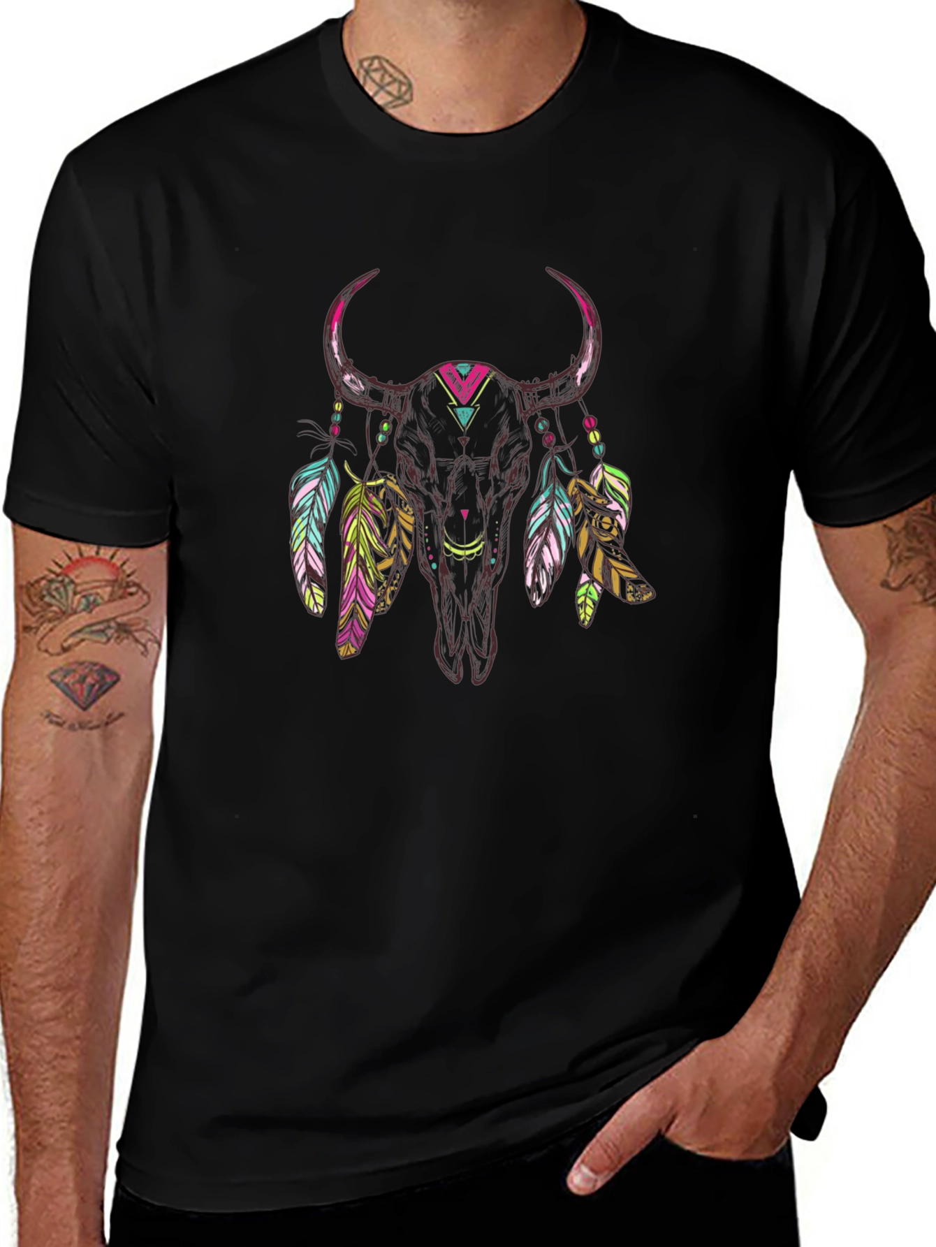 Bull Skull Feather Graphic Tee - Black