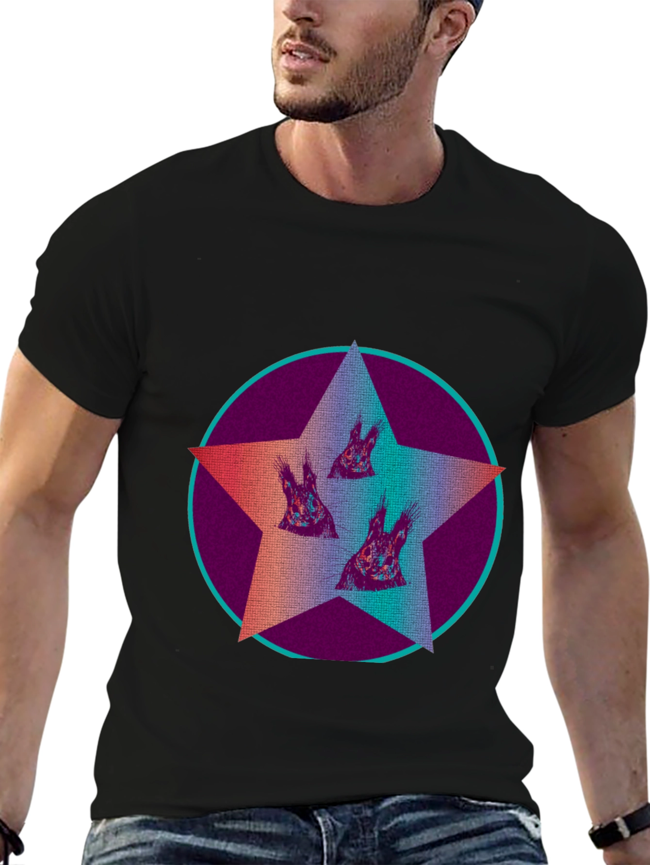 Star Circle Animal Print Graphic Tee - Black