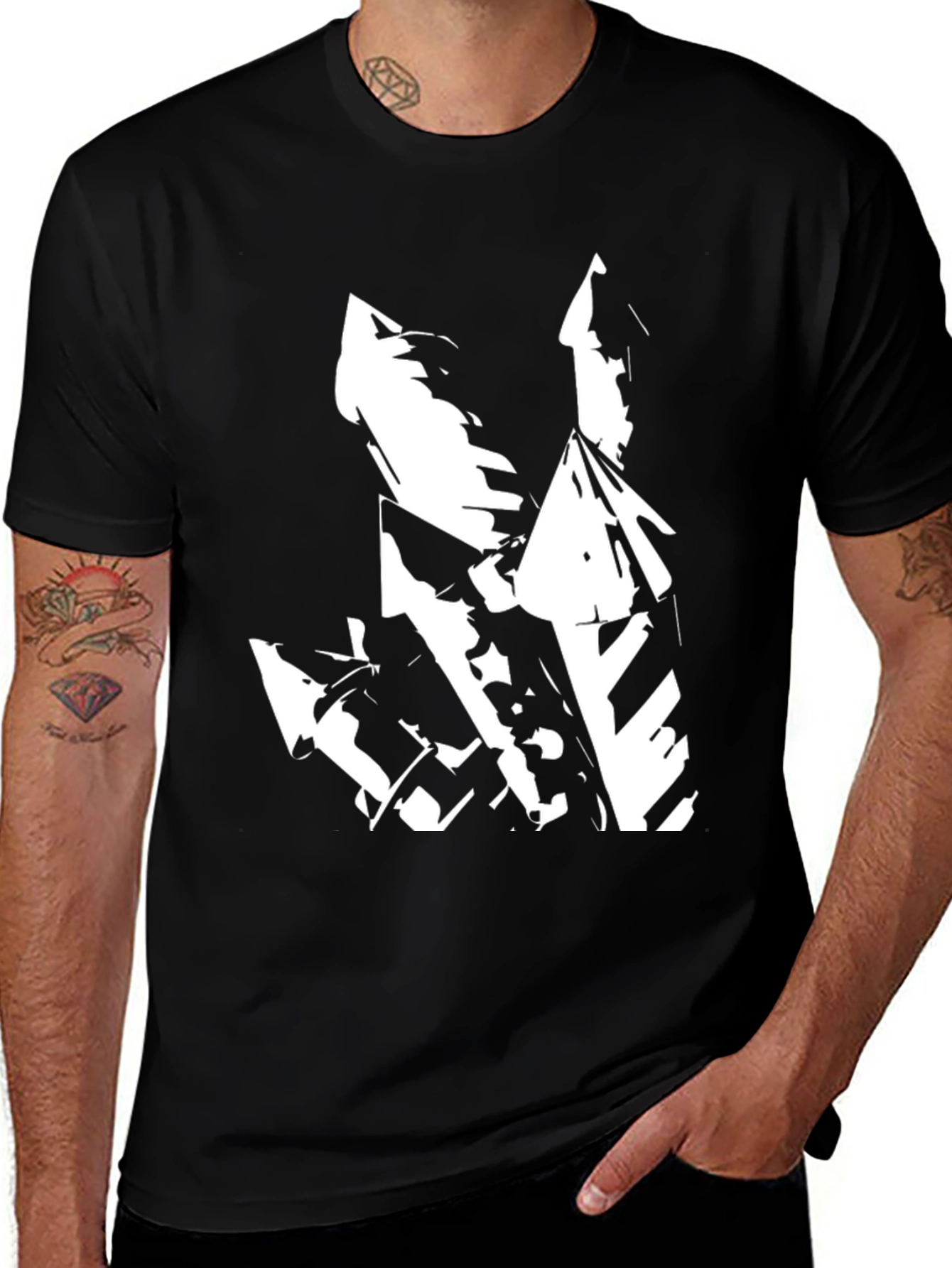Abstract White Graphic on Black T-Shirt