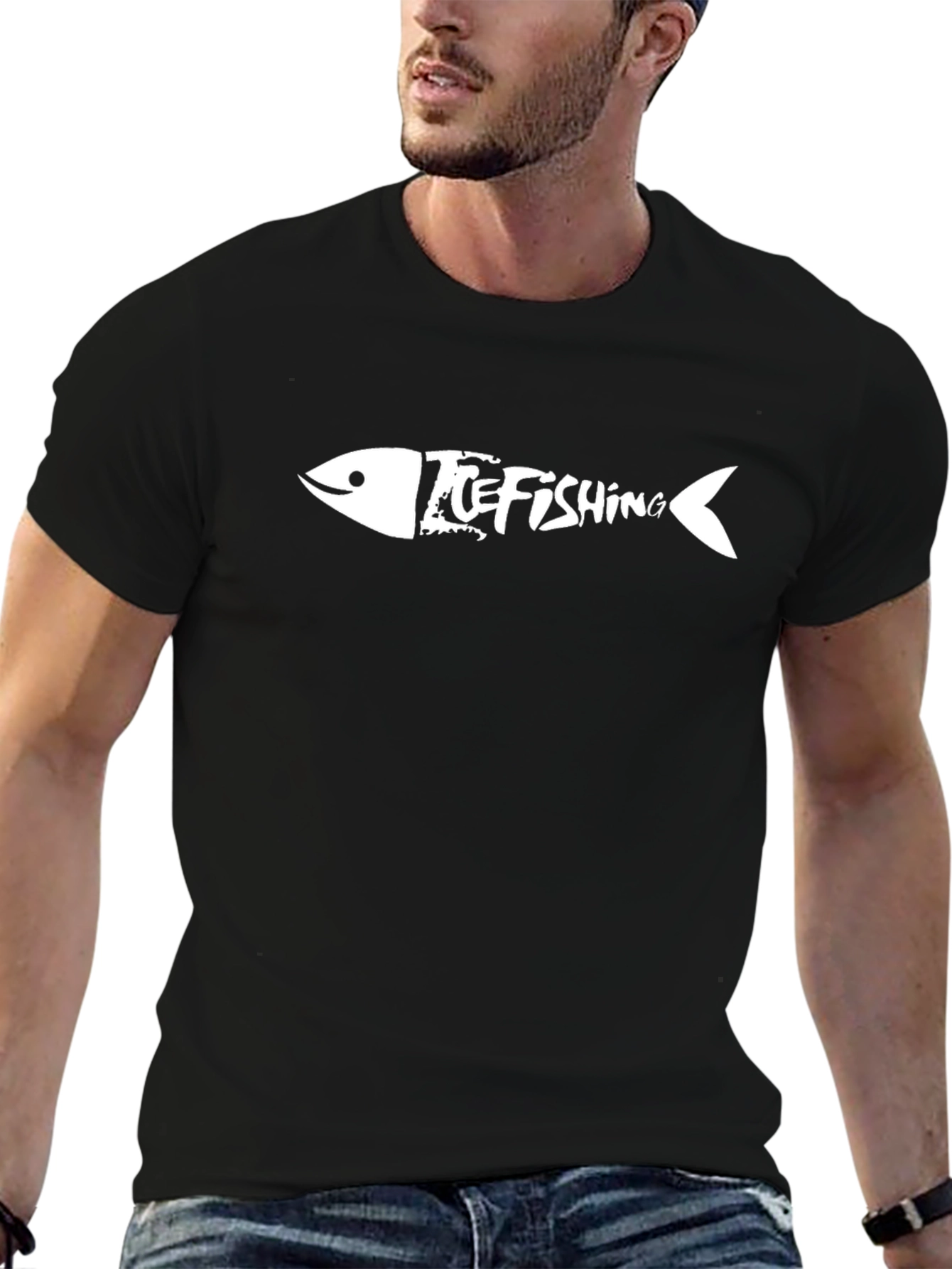 Ice Fishing Fishbone Graphic T-Shirt - Black