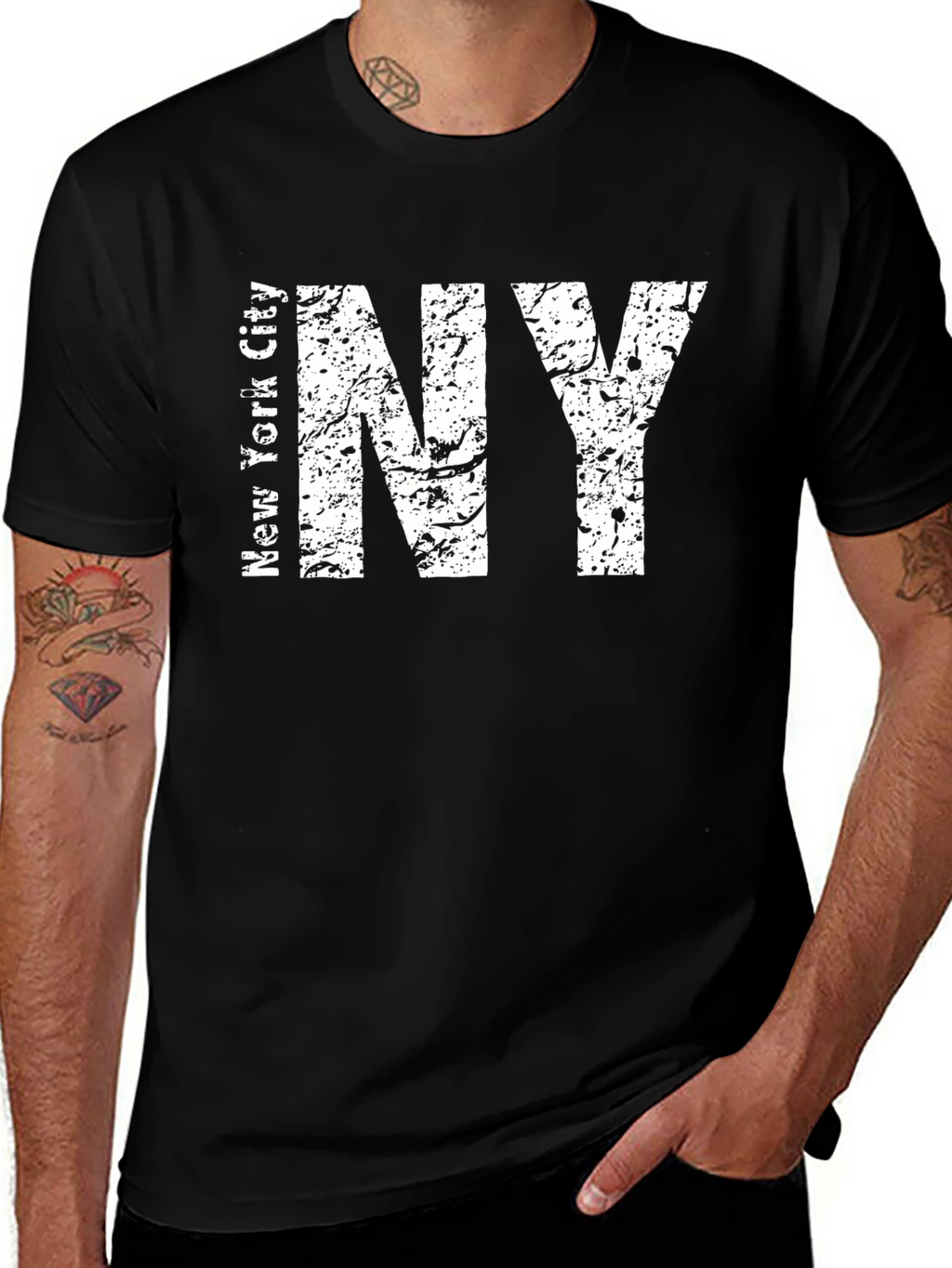 Distressed NY Text Graphic Black T-Shirt