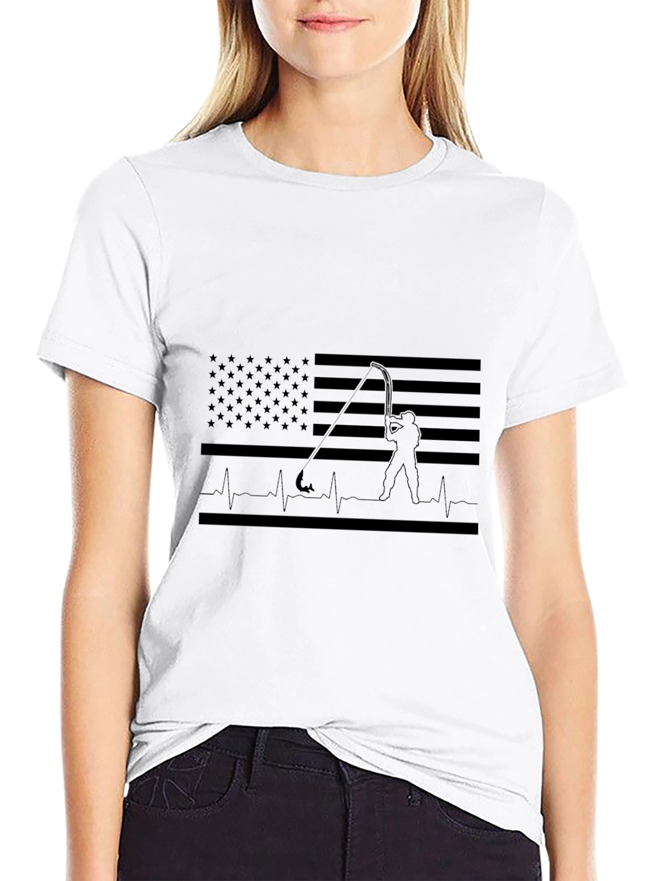 Fishing Flag Heartbeat T-Shirt - Black Cotton Tee