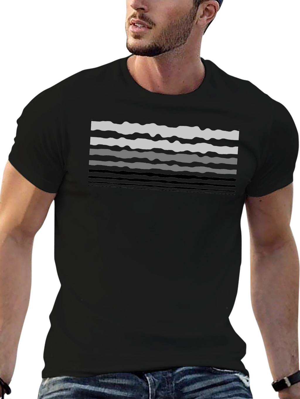 Wavy Lines Graphic Tee - Black Cotton Casual T-Shirt